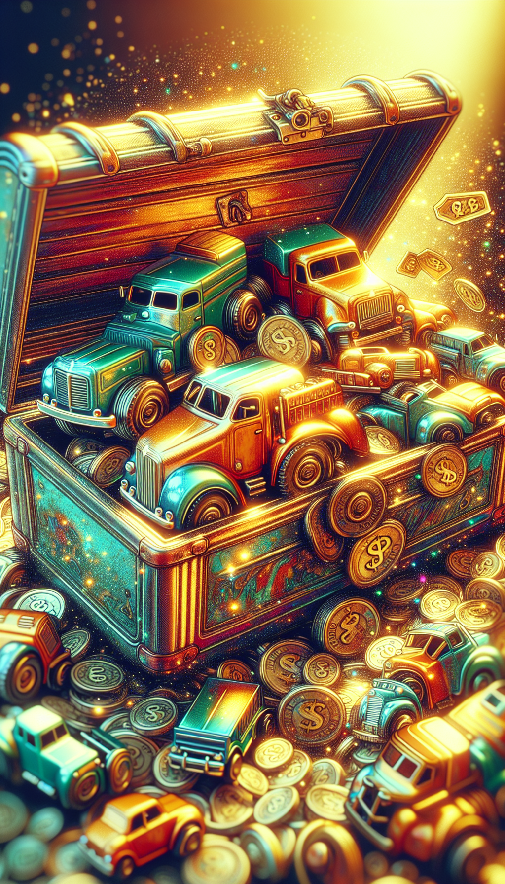 An illustration showcasing a vibrant, nostalgic treasure chest overflowing with pristine, classic Tonka trucks and construction vehicles, where golden dust sparkles around them, suggesting their high value. Randomly inserted among the toys are old-timey price tags with hefty sums in vintage-style font, and ethereal, dreamlike whispers of children's laughter surround the chest, evoking the tales connected to these cherished collectibles.