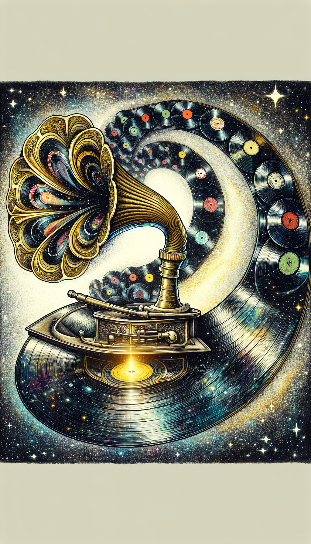 An illustration depicting an antique gramophone, its horn transitioning into a cosmic spiral of shimmering vinyl records, symbolizes 'The Allure of Aged Audiophilia.' At the spiral's center, a glowing golden record epitomizes 'old vinyl records value,' with diverse music genres and eras styled into each vinyl's label, showcasing the timeless journey and appeal of vintage vinyl collecting.