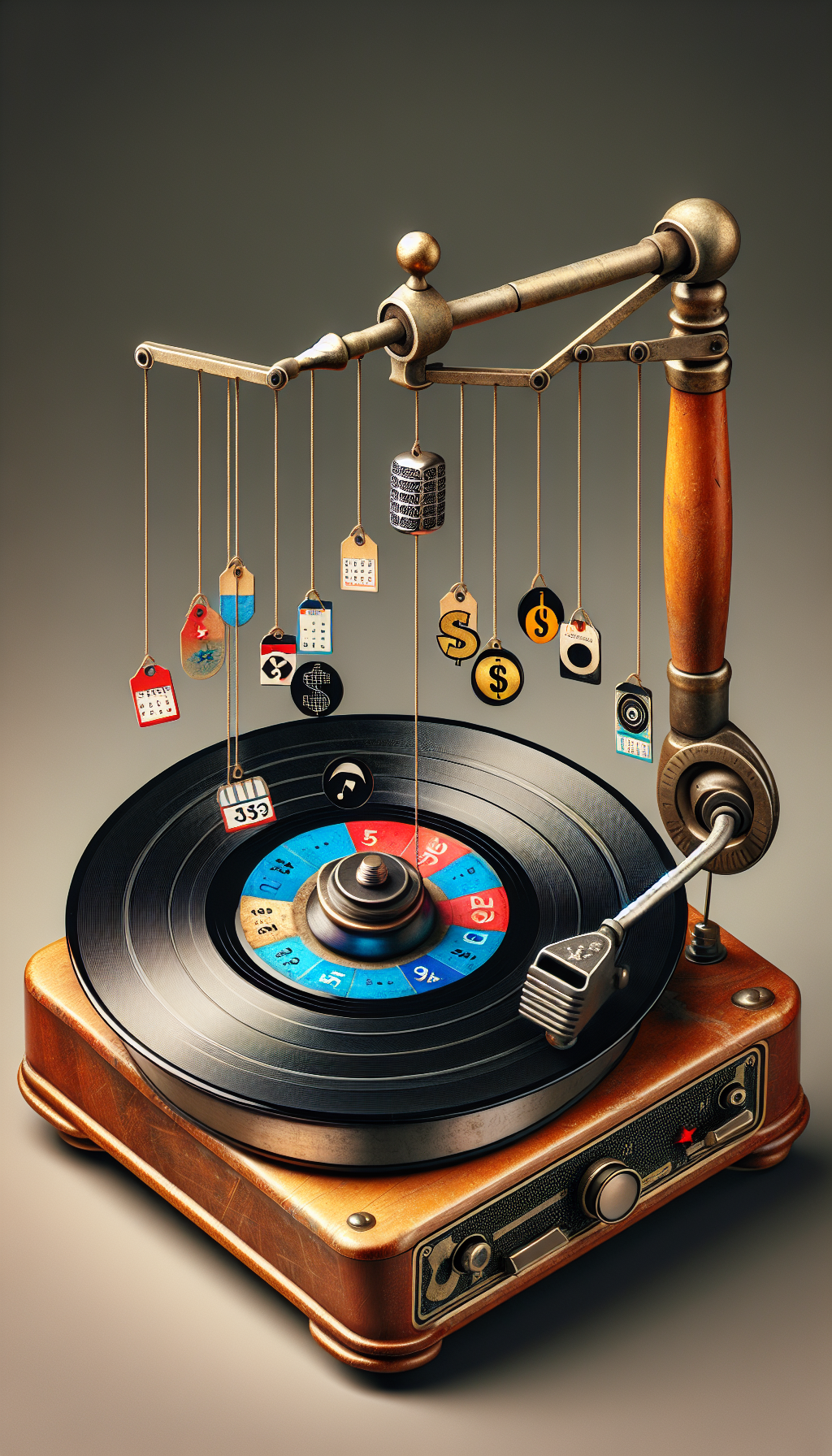A retro-inspired turntable, with its arm replaced by a whimsical price tag pendulum, swings over a pile of assorted old vinyl records. Each record radiates lines with iconic symbols of various factors (like a dollar sign, calendar page, microphone, or star) that affect its market value, presenting a visual orchestration of the delicate dance between nostalgia and economics.