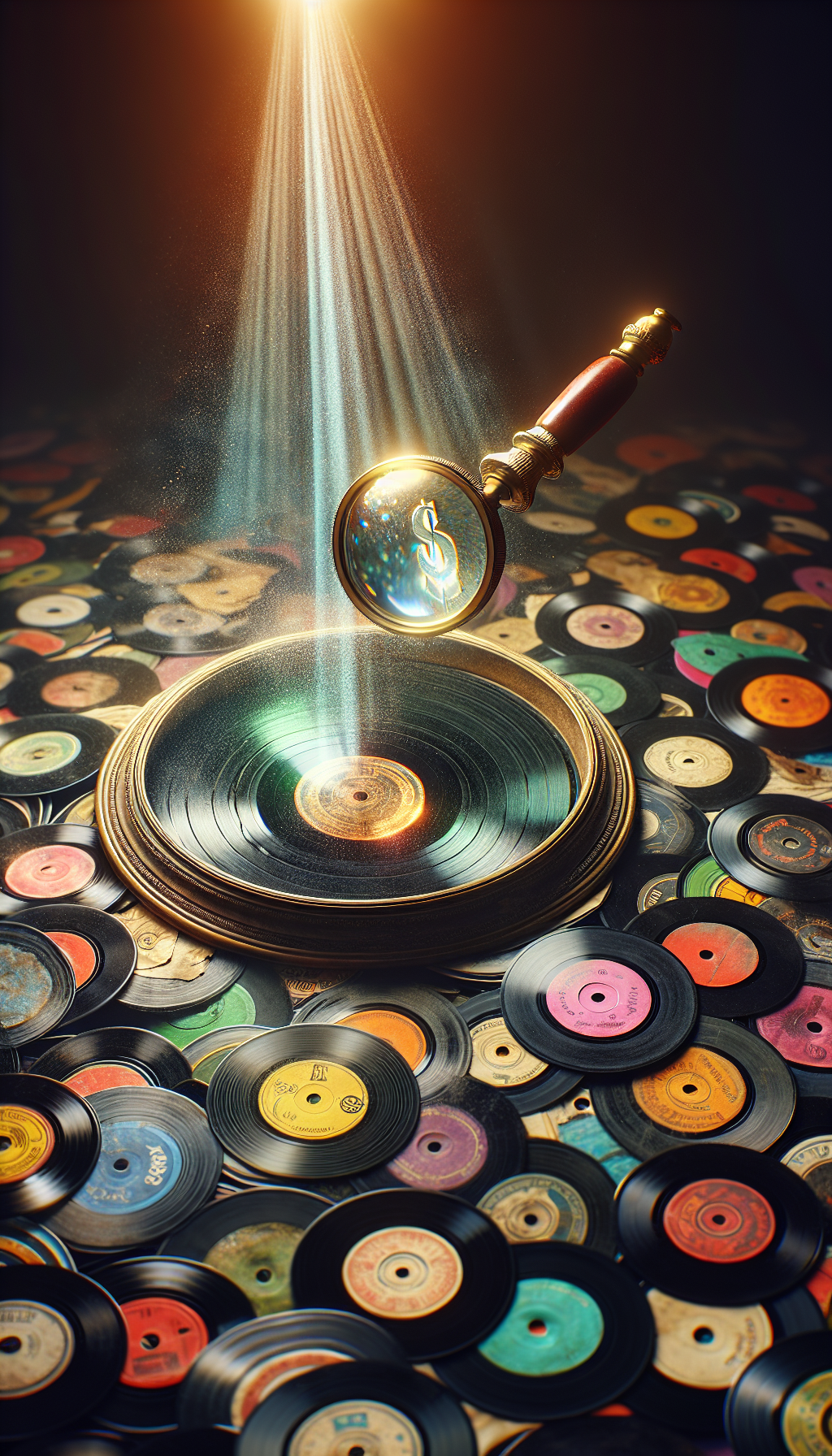 A rustic magnifying glass hovers over a vibrant, scattered array of vinyl records, with light rays shining through to spotlight a gleaming, rare vinyl gem amidst the collection. Dust particles dance in the beam, highlighting the age and value, while small dollar signs etched into the records' surfaces subtly signify the hidden treasures' worth within this musical haystack.