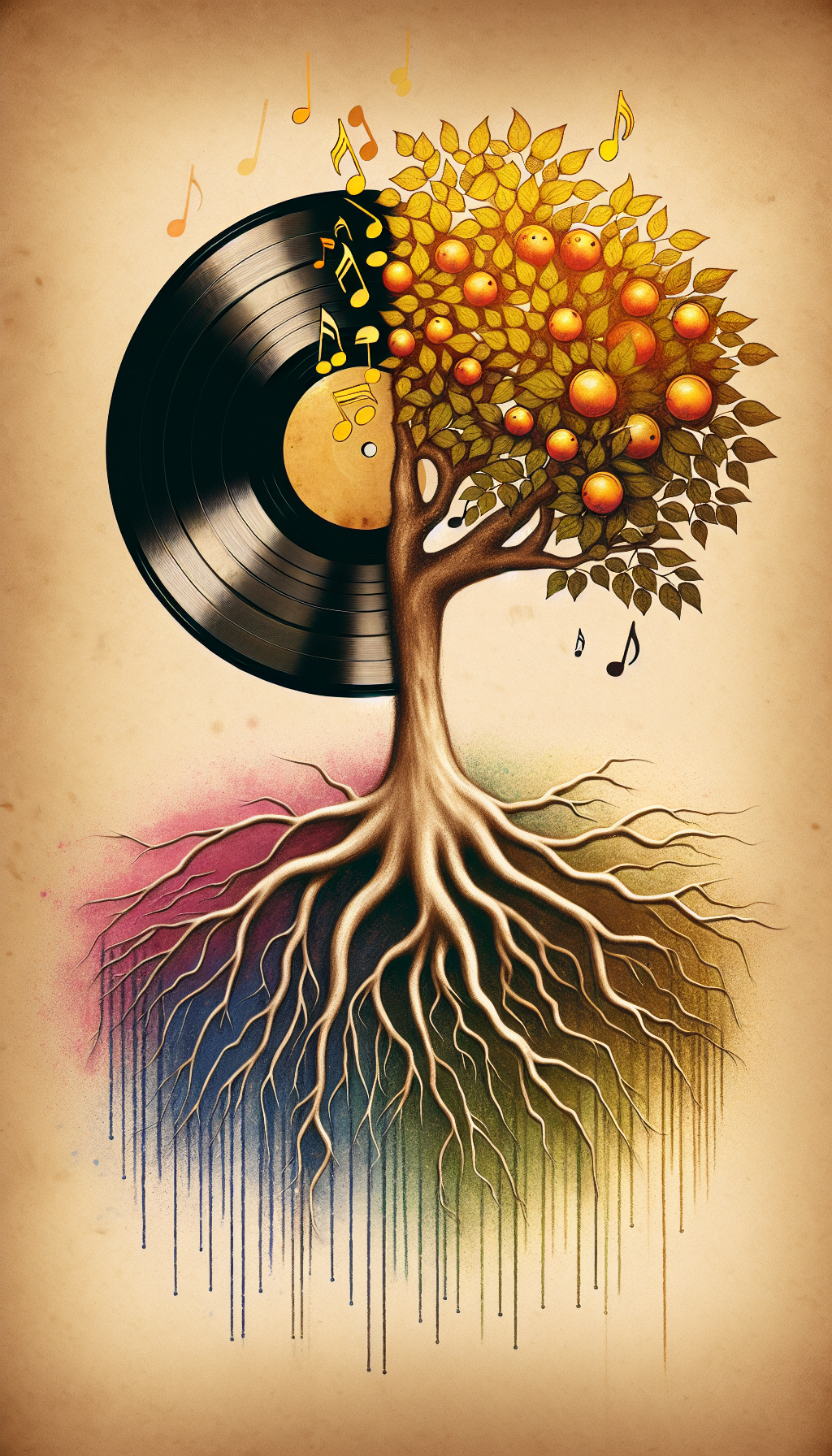 An illustration portrays a vinyl record transforming into a tree, with roots symbolizing different maintenance tips and its leaves shimmering with golden musical notes to signify value enhancement. Half the tree exudes a vintage, sepia-tone look, while the other half blooms in vibrant watercolors, seamlessly blending nostalgia with the vivacity of present-day preservation.