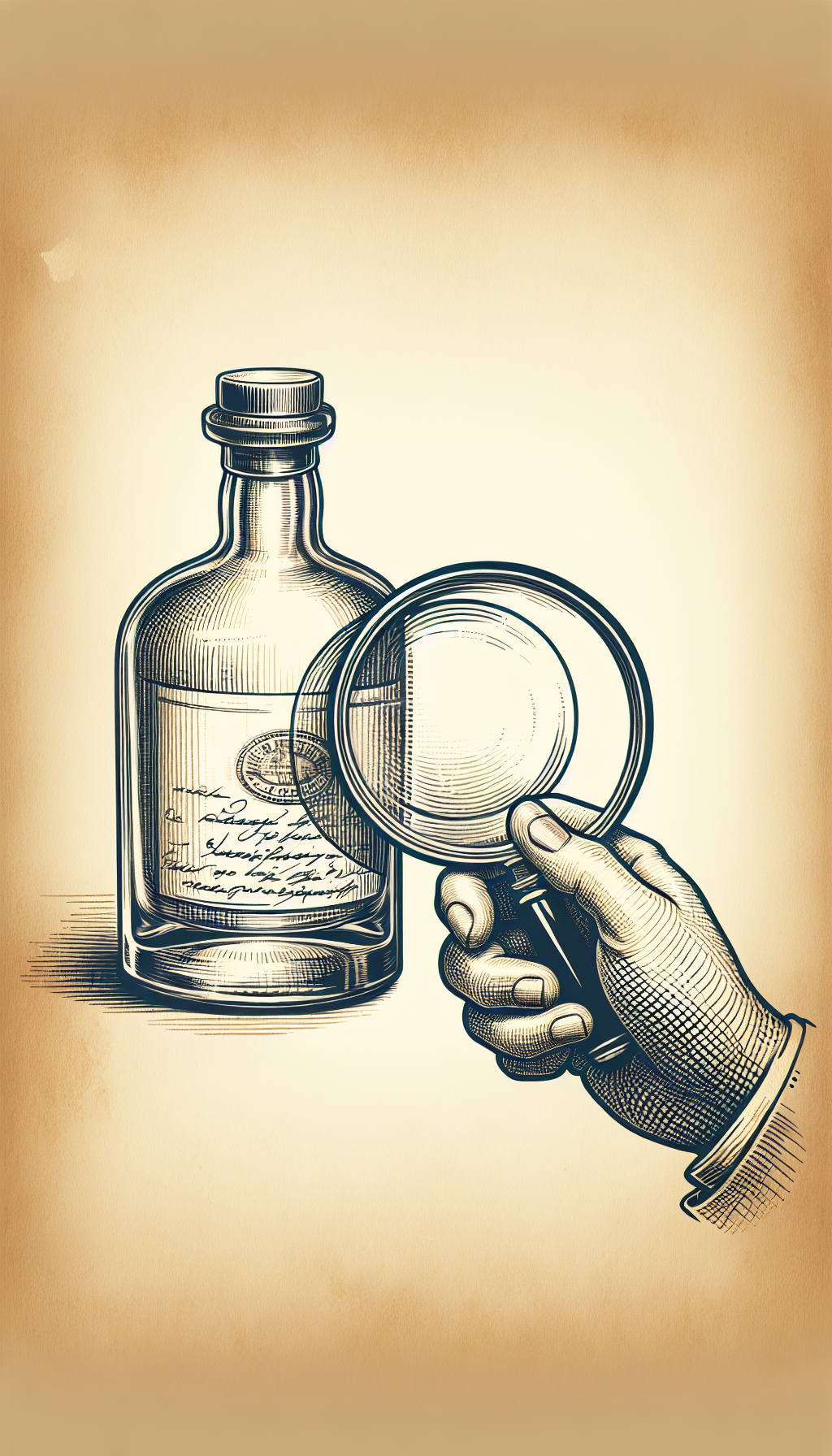 An intricate illustration depicts an ancient whiskey bottle with translucent glass, inside which a magnifying glass hovers, focusing on the embossed signature of the maker on the bottle's base. The rest of the bottle softly blurs into sketchy sepia outlines, juxtaposing the clarity of discovery against the misty mysteries of antiquity.