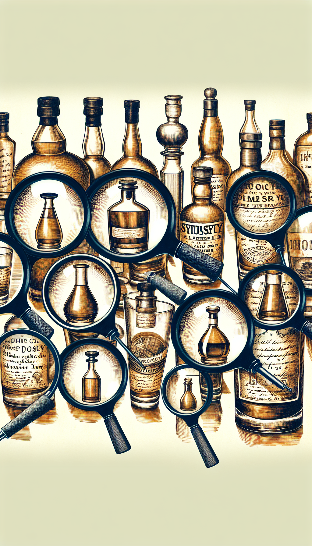 A whimsical montage of spectacled eyes magnifying vintage whiskey bottles of various shapes—rectangular, cylindrical, pot-still—each labeled with etched-style text indicating their era. The illustration intertwines realistic and sketch-like elements, using sepia tones and glass-reflection visuals to evoke the old-timey feel, while the magnifying theme emphasizes the identification aspect of the post.