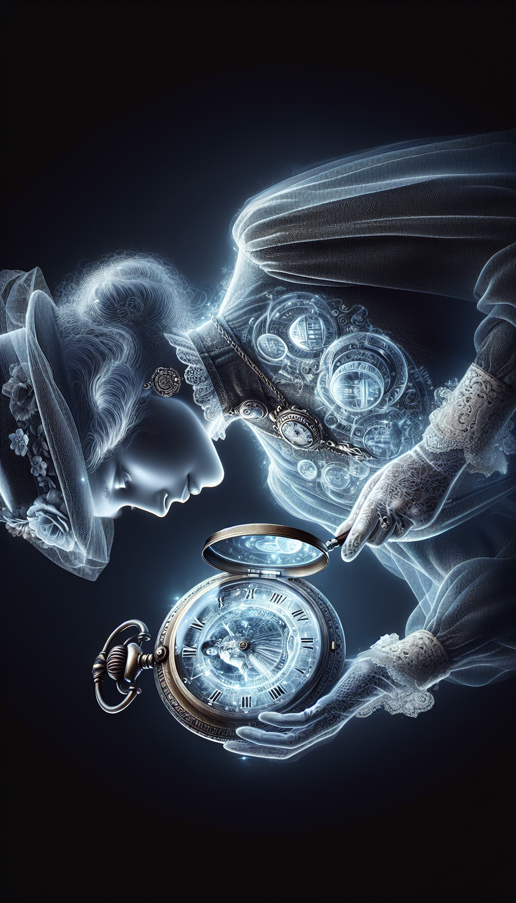 An elegant, semi-transparent lady ghost, draped in Victorian attire, lovingly gazes at a shimmering Lady Elgin watch that dangles from her ethereal wrist. The watch's face is a portal revealing a montage of historical milestones, while the ghost's other hand holds an appraisal magnifying glass, highlighting the etched value beneath the watch's faded engraving.