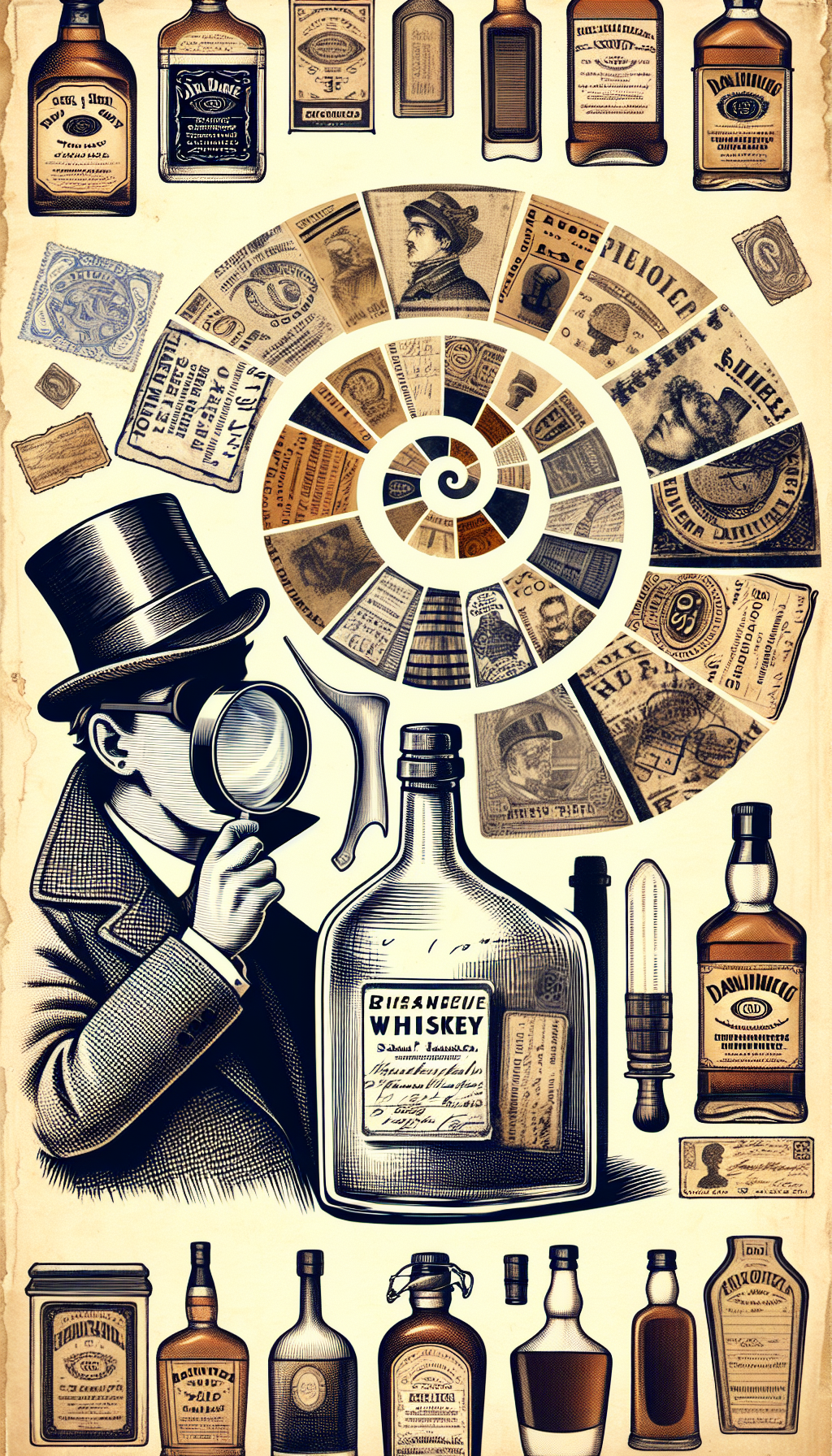 An ink-drawn Sherlock Holmes, magnifying glass in hand, peering intently at a collage of sepia-toned whiskey labels and faded revenue stamps, which spiral into an aged bottle silhouette. The spiral hints at a historical journey, while etchings of dates, distilleries, and abstractions of flavor notes float around, marrying the art of detection with the romance of vintage whiskey identification.