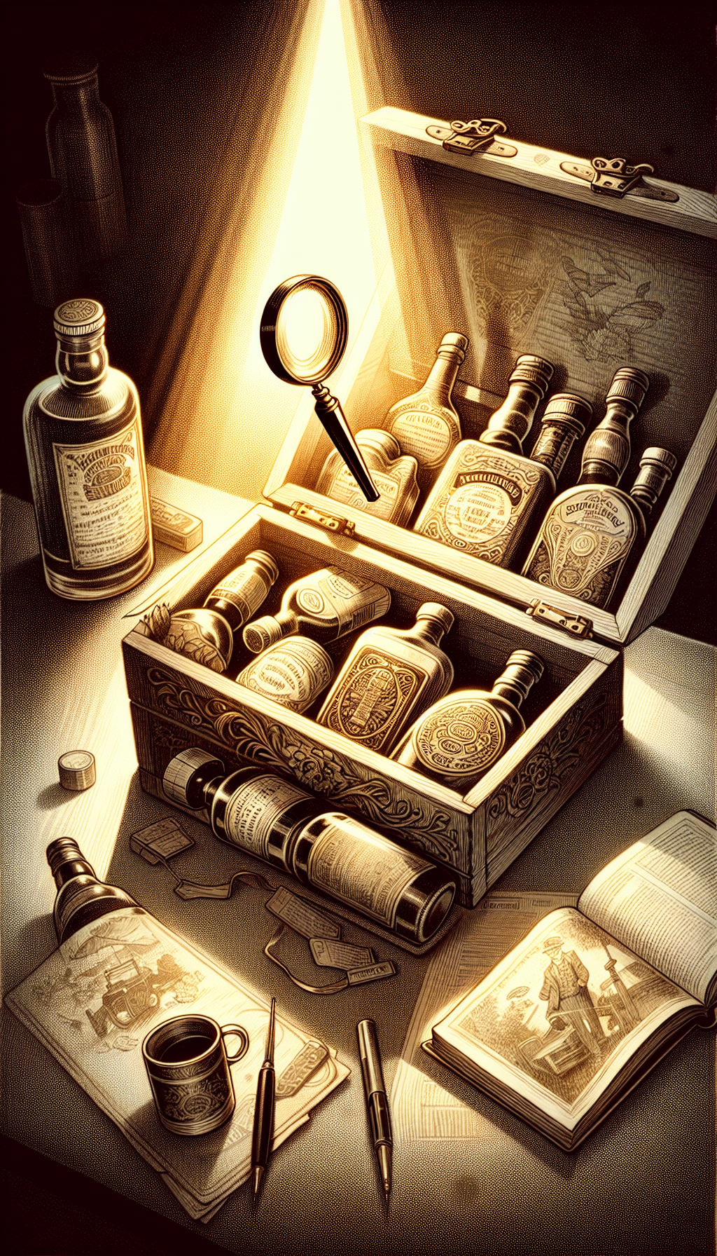An illustration depicting an old, sepia-toned study with a magnifying glass hovering over a partially open, ornate wooden antique box, revealing an array of vintage whiskey bottles with intricately drawn labels. A soft light beams down, casting glowing halos on the bottles. In one corner, a delicate preservation guide rests, hinting at the careful identification process.
