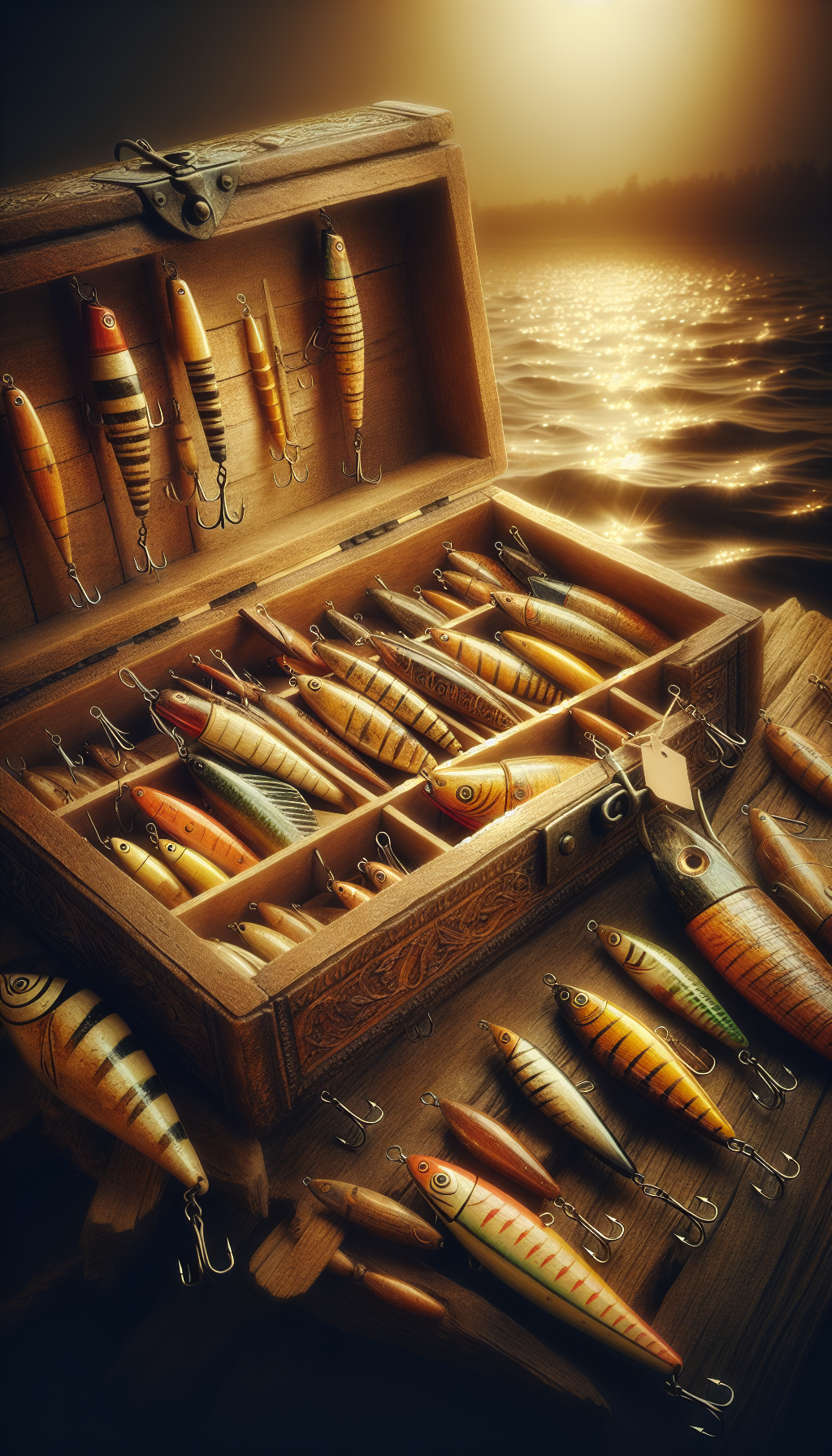 An intricately detailed wooden chest overflows with aged wooden fishing lures, each carved and painted with a patina of bygone eras. A nostalgic sepia-toned backdrop awash with soft ripples suggests the waters these lures once traversed. Golden light highlights the wood's texture, subtly hinting at their hidden value, while a price tag dangles from the most prominent lure, emphasizing collectibility.