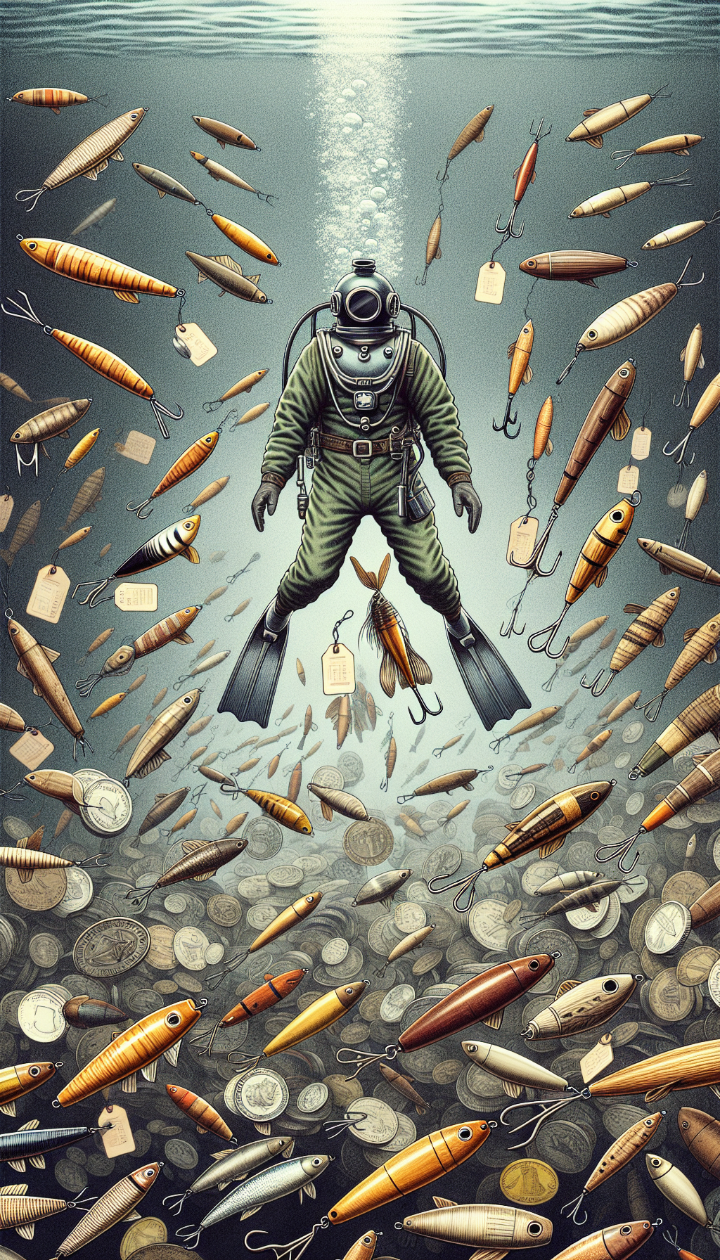 An illustration depicts a vintage diver, encased in an old-fashioned diving suit, submerging into a sea of wooden lures spanning different eras. The lures below morph into coins and bills, with price tags dangling from them, suggesting their increasing value. Each lure is stylized differently, with the older ones appearing more worn and the newer ones polished, highlighting their historical evolution.