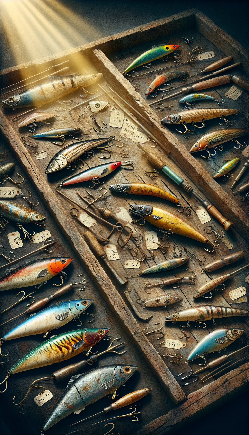 An intricate still life illustration depicts a weathered wooden workbench scattered with a variety of vintage fishing lures, each with detailed, faded paint and rusted hooks, highlighted by a golden beam of light that casts a valuation price tag shadows on the aged surface, symbolically merging the allure of the past with their current treasured worth.