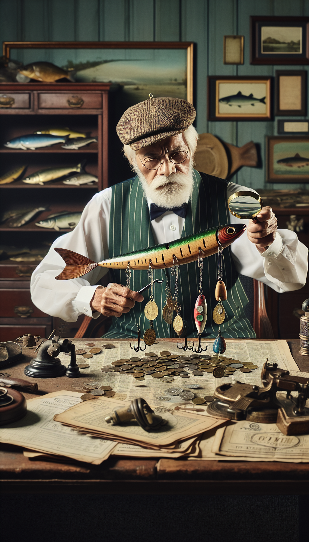 An elderly fisherman clad in vintage gear sits at an antique desk, magnifying glass in hand, inspecting a majestic wooden fishing lure. Coins and bills are entangled in its hooks, while a price tag dangles from its tail, reflecting the allure's unexpected fortune. The desk overflows with old fishing catalogs and appraisal tools, all amidst a backdrop of fishing memorabilia.
