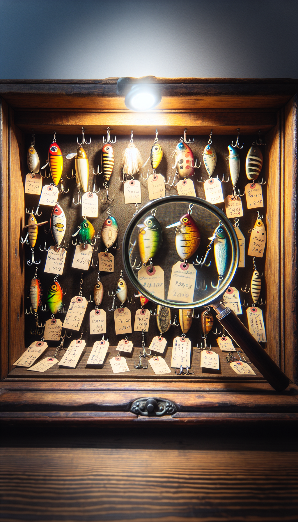 An intricate wooden shadow box displaying an array of vintage, hand-painted fishing lures with price tags dangling from their hooks, each etched with an impressive value. In the foreground, a magnifying glass hovers over a particularly rare lure, casting a glow that spotlight its fine details, symbolizing the collectors’ search for hidden treasures within the antique angling world.