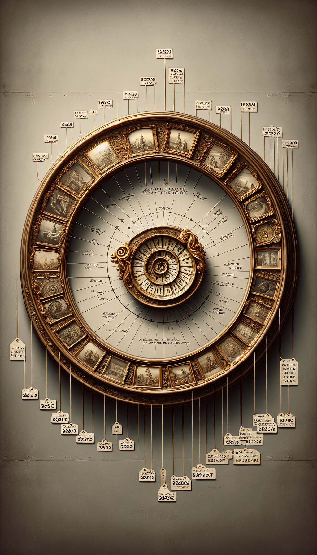 An ornate antique mantel clock sits at the center of a spiral timeline, with each twist displaying different historical art styles and significant time periods. Price tags hang from each era, subtly transitioning into a classy price guidebook that overlays the bottom corner, symbolizing the merging of time's rarity and the clock's value.