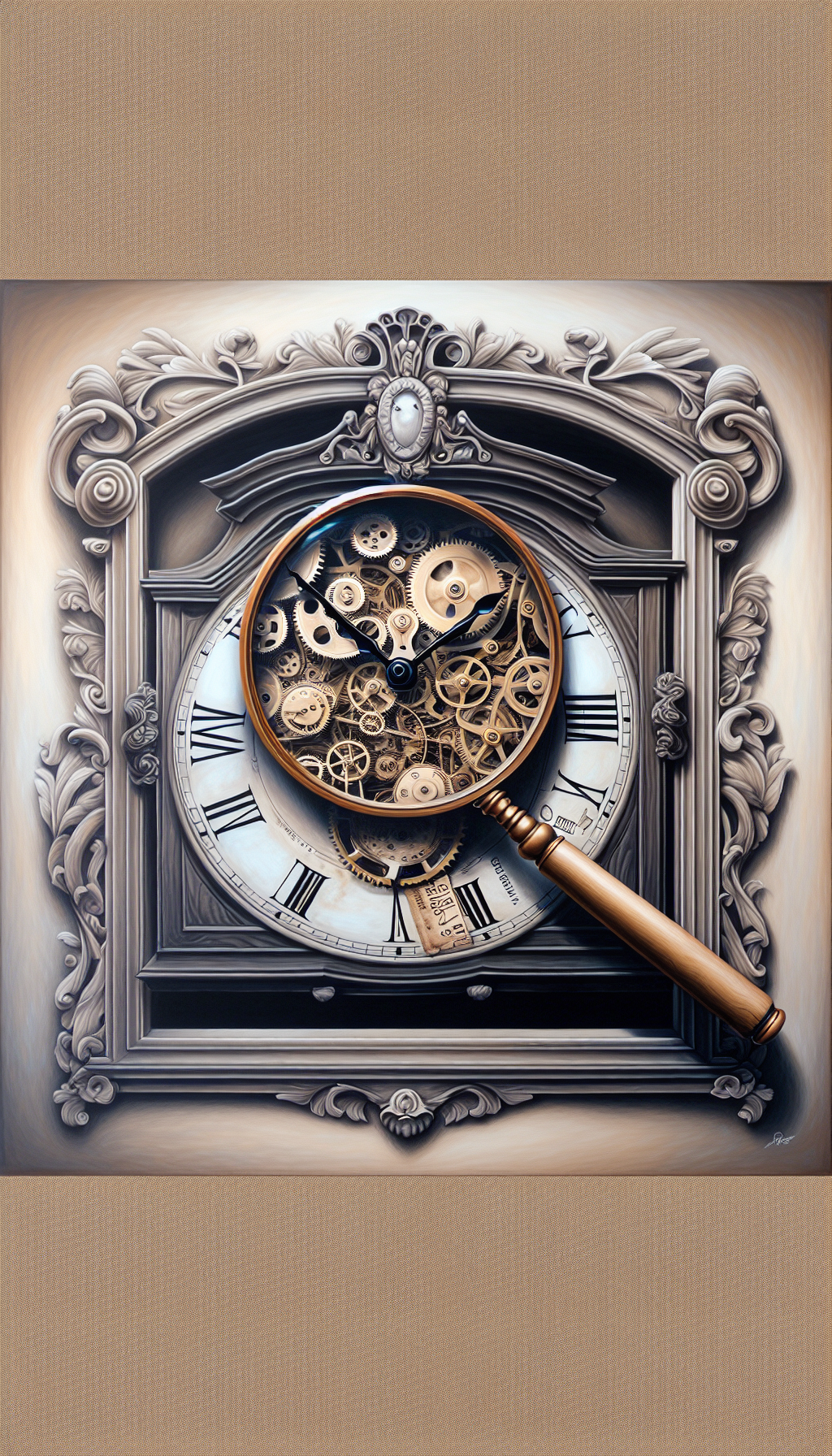 An illustration depicts a magnifying glass hovering over a vintage mantel clock, with its inner gears visible and sparkling as if unveiling hidden gems. Behind it, a faded price tag morphs into a clock’s pendulum, swinging to denote fluctuating values. The clock's facade sports a watermark of a certificate, symbolizing authenticity assessment, all framed within an antique-style ornate border.