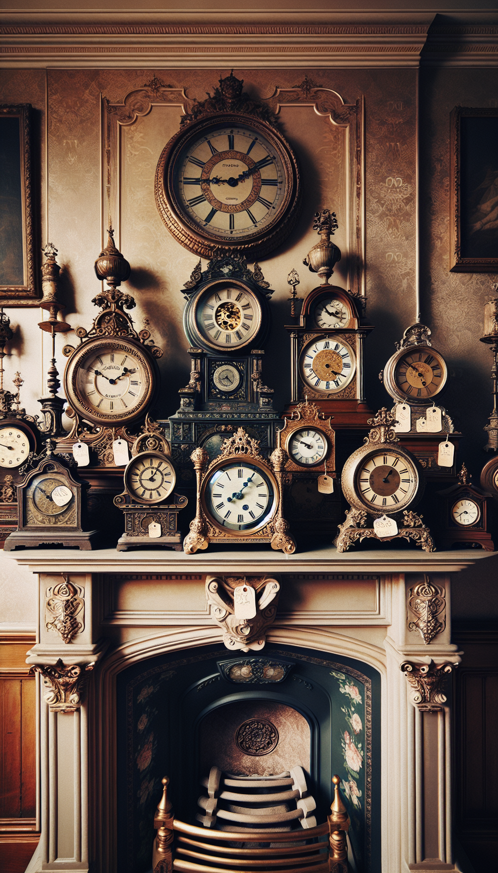 In a lavish Victorian drawing room, a grandiose mantel adorned with an array of ornate antique clocks stands prominent. Each clock, styled from different historical periods, displays an intricate price tag that resembles a vintage label, subtly indicating its value. This eclectic fusion of timepieces evokes the bygone "Era of Elegance" and hints at their esteemed worth.