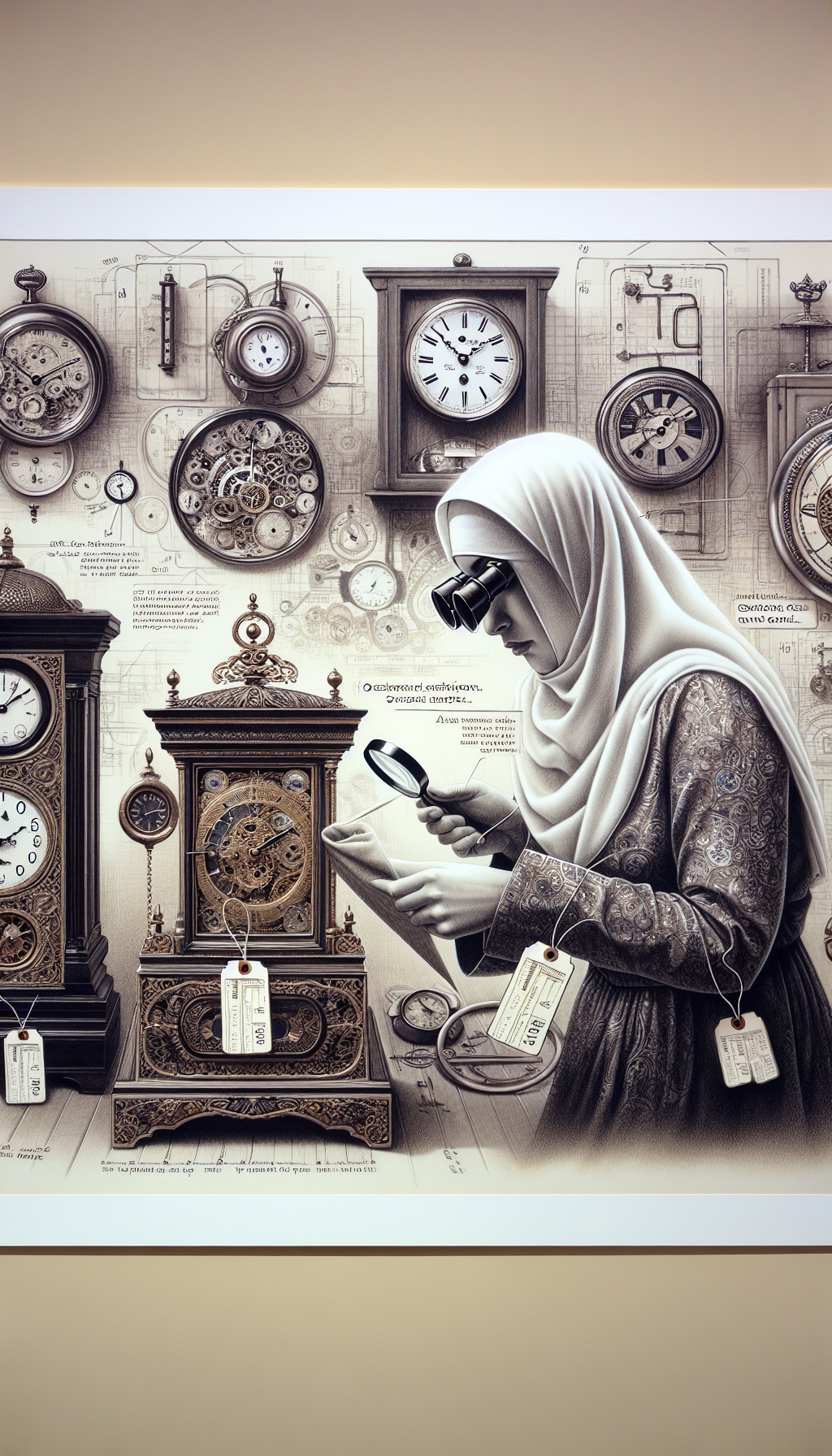 An elegantly detailed drawing depicts a person with magnifying glasses inspecting a row of vintage mantel clocks, each tagged with a price guide listing. Around them, smaller illustrations show snippets of advice, like a soft cloth dusting a clock and a safe with optimal storing conditions, against a backdrop of faded clock schematics, suggesting both care and investment value.