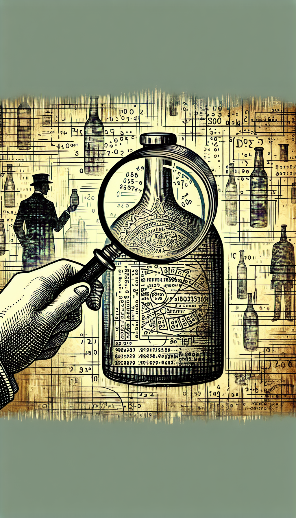An illustration portrays a magnifying glass hovering over a fragmented Duraglas bottle label, with numbers and dates etched alongside decipherable codes. Around it, ghostly figures of antique bottles fade in and out, representing rarity and age. The artwork merges vintage engravings with sleek, digital lines, symbolically unifying past and present Duraglas identification techniques.