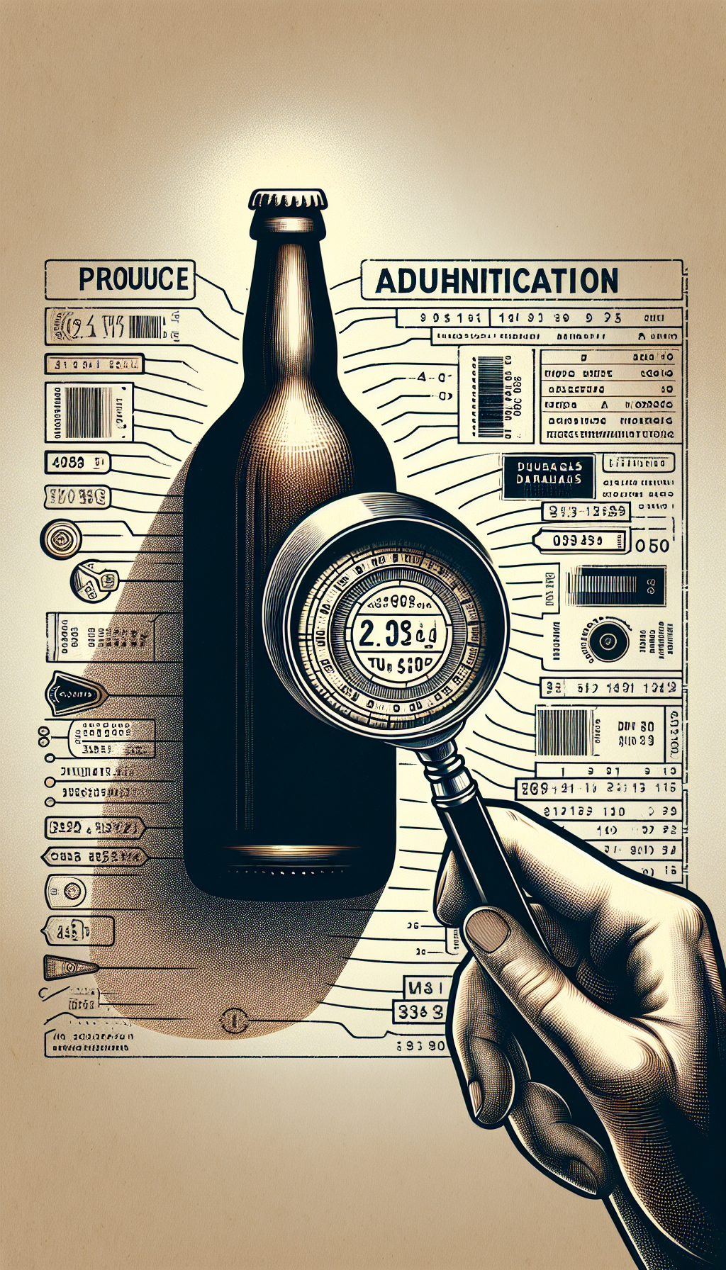 An illustration of a magnifying glass held up against a classic Duraglas bottle, with distinct age marks and patina. The bottleneck appears under scrutiny, revealing discreet tip-offs like date codes and manufacturer's marks. Harsh shadows, reflecting a vintage ambiance, give dimension to the artwork, while an overlay of translucent identification tags illustrates the authentication process.