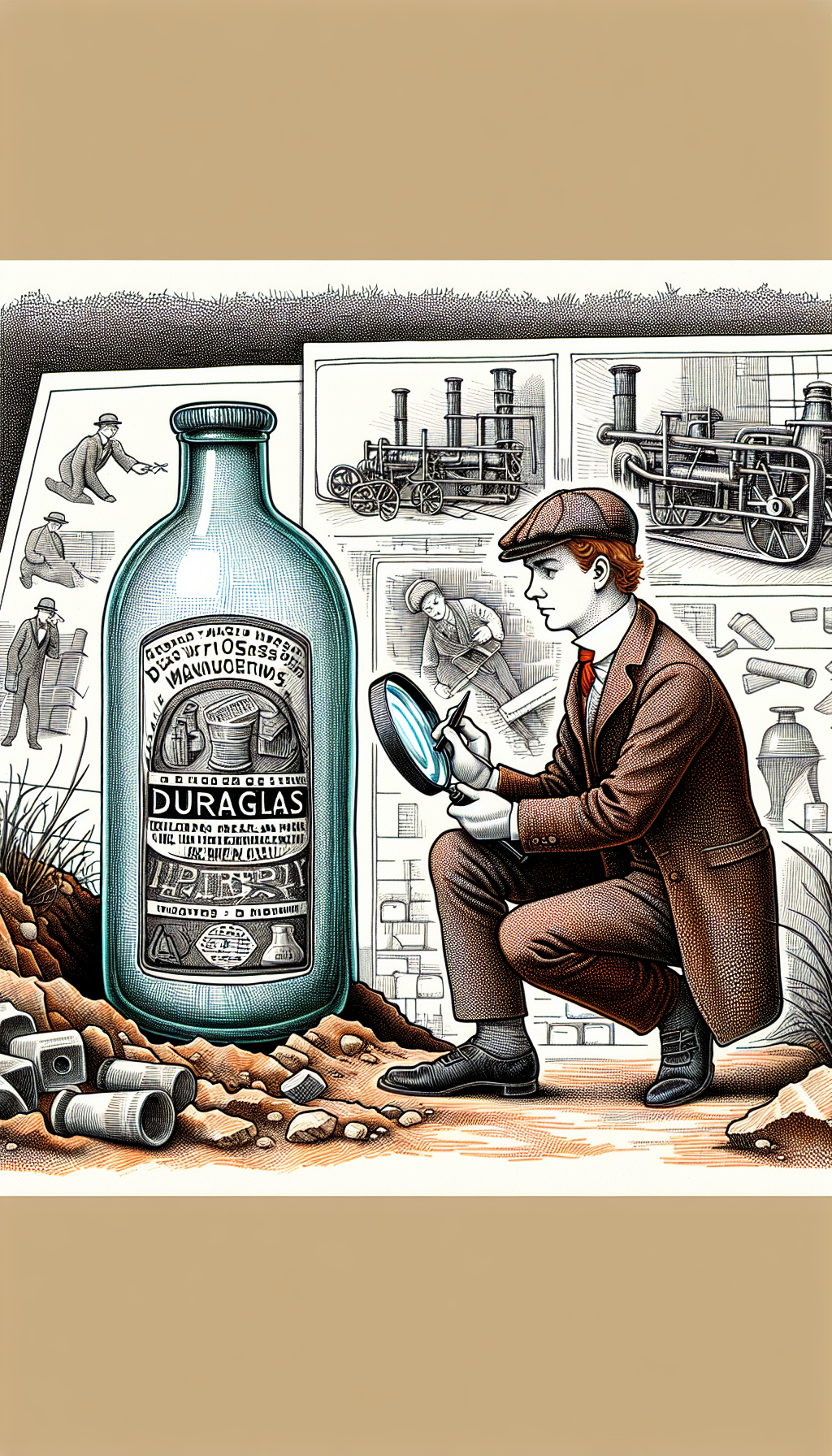 An intricately crosshatched illustration frames an archaeologist delicately excavating around a semi-buried, rare Duraglas bottle, magnifying glass in hand, revealing the manufacturer's marks and various mold seams. Splashes of watercolor hint at the bottle's age and rarity, while line art sketches depict the vintage manufacturing tools subtly in the background, symbolizing the journey from creation to discovery.