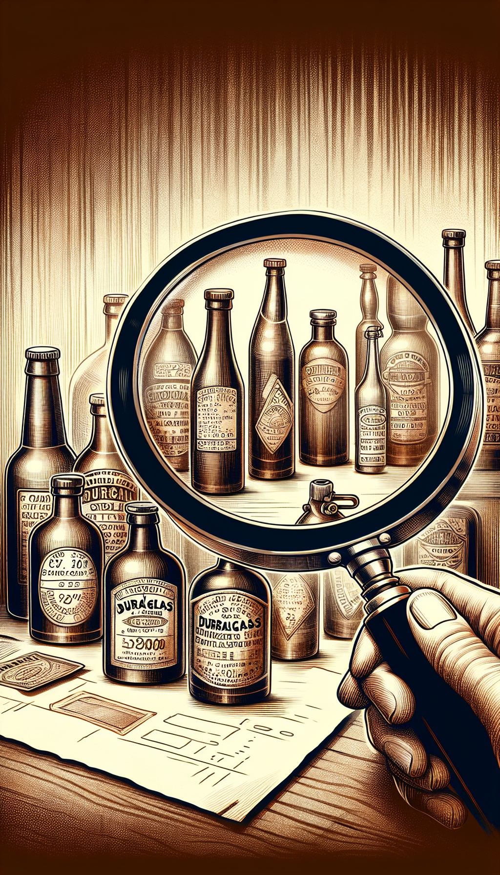 An illustration featuring a magnifying glass focusing on a cluster of Duraglas bottles, each etched with unique identifying hallmarks (e.g., date codes, manufacturer symbols). Under the glass, the bottles appear pristine, hinting at their well-preserved state. The image transitions from sepia tones outside the magnifying area to vibrant colors within, symbolizing the discovery and preservation of historical treasures.