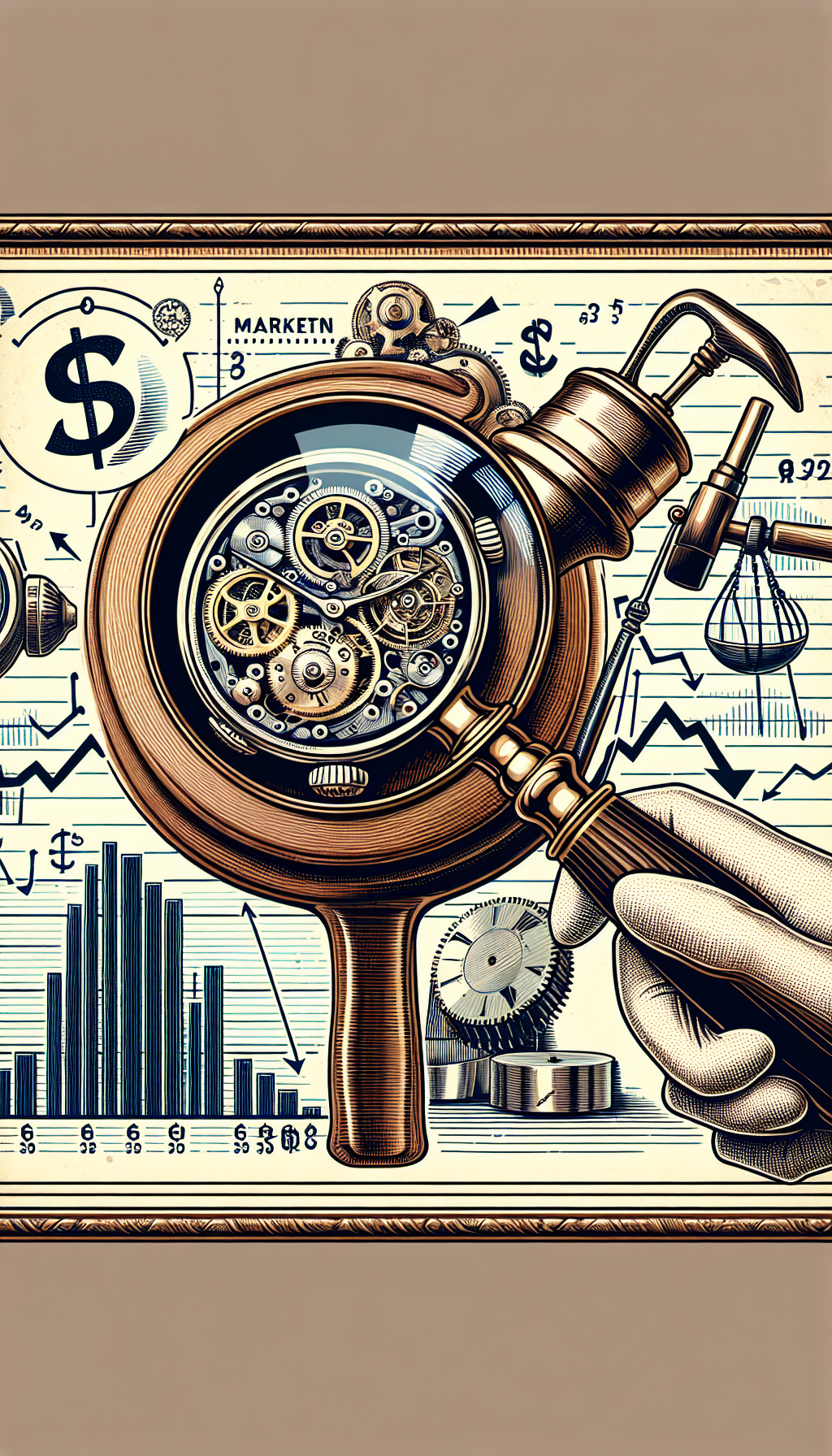 An illustration showcases a pristine Lady Elgin watch magnified under a classic jeweler's loupe against a backdrop of ascending graph lines and dollar signs, symbolizing market trends and valuation. Vintage clock gears and an auction hammer subtly frame the scene, reflecting the intricate value tied to antique timepieces.