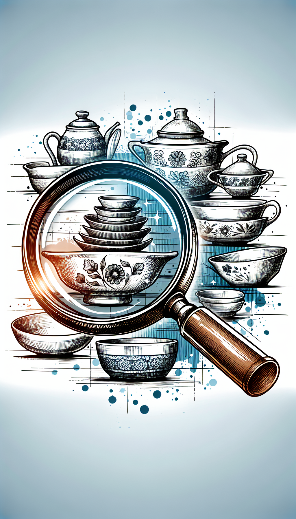 An illustration depicts a magnifying glass hovering over a patchwork of CorningWare dishes, each adorned with different vintage patterns. Select pieces shimmer with a subtle glow, hinting at their rarity. The background is a playful mix of sketch lines and watercolor splashes, symbolizing the thrill of discovery in the diverse world of CorningWare collectibles.