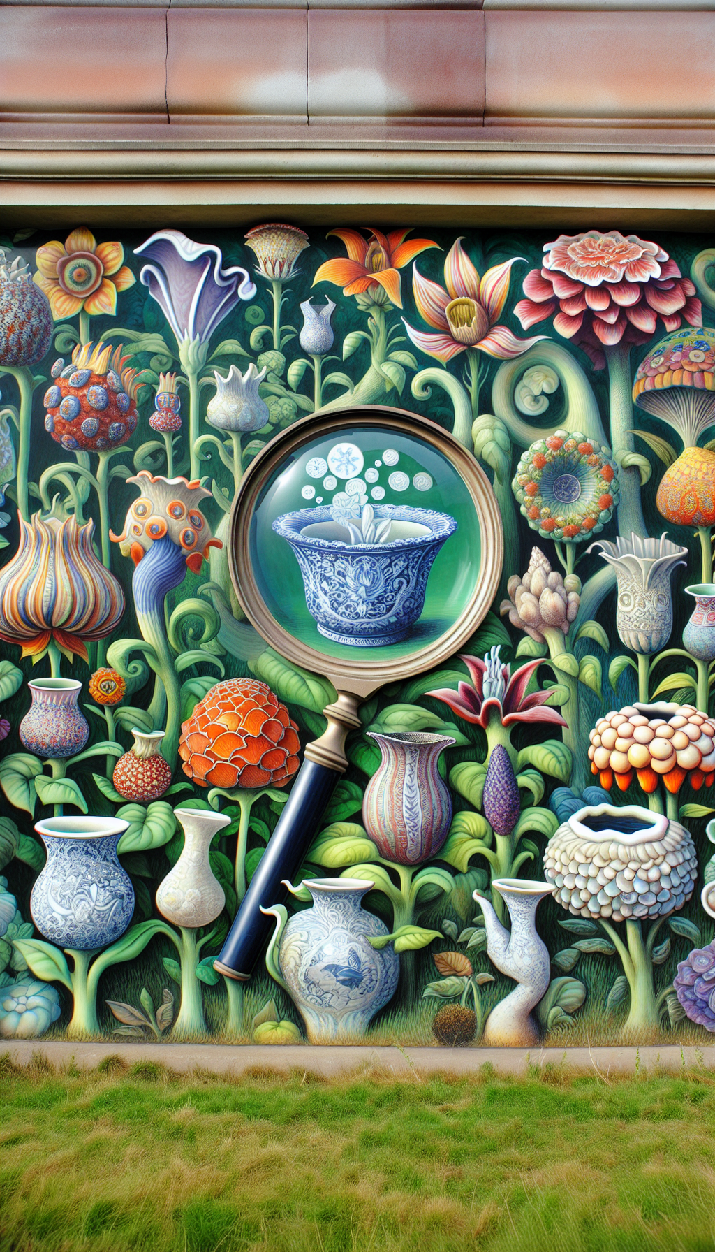 An illustration depicts a whimsical garden where vintage CorningWare pieces blossom like flowers; each petal delicately adorned with distinct, rare patterns. In the center, a magnifying glass hovers over a particularly ornate specimen, symbolic of identification, with its unique motif glowing under scrutiny. The garden seamlessly transitions from classic floral designs to the rare fanciful shapes, echoing the evolution of CorningWare artistry.