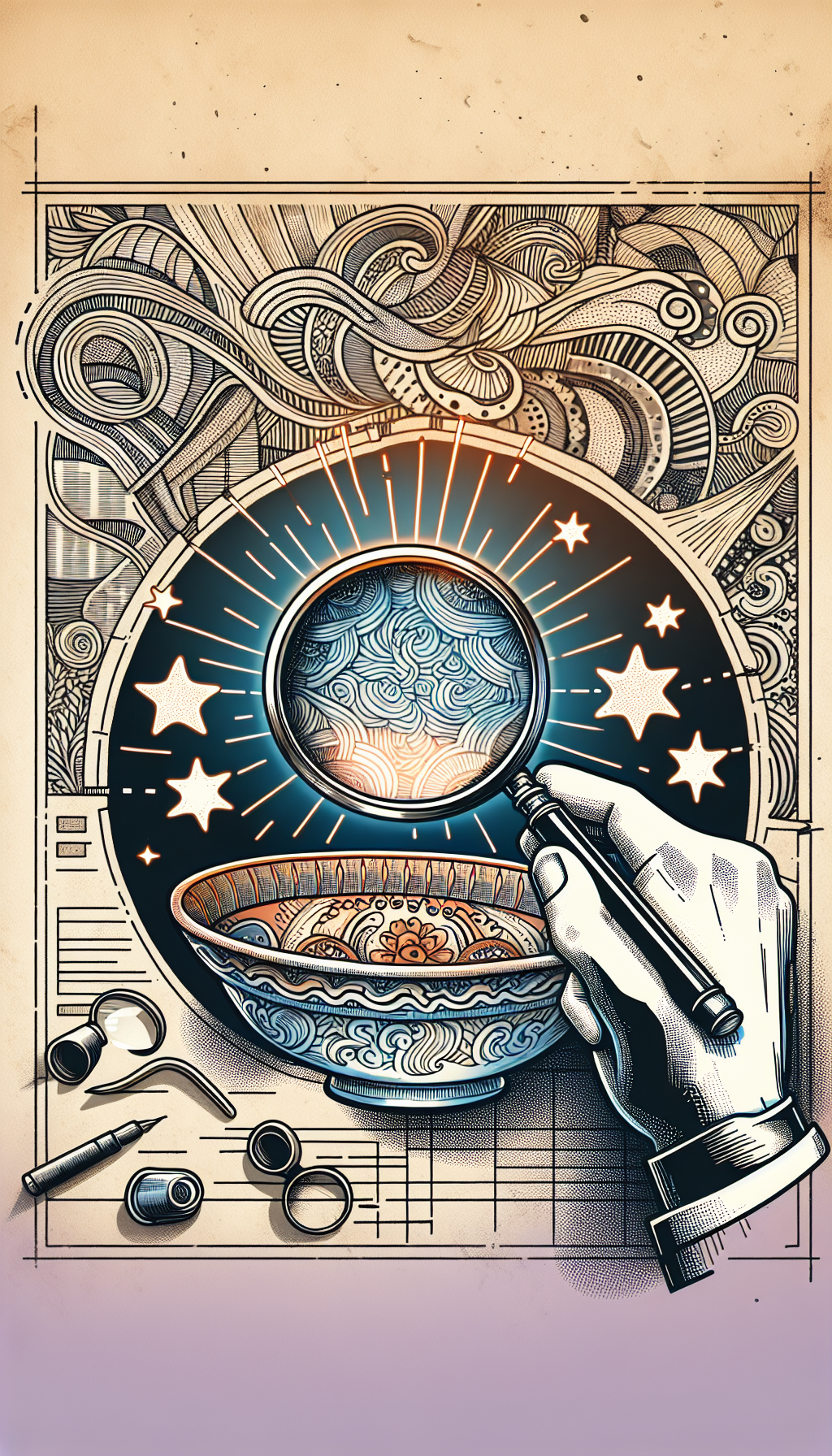 An illustration featuring an antique magnifying glass hovering over a vibrant CorningWare dish, with translucent pattern lines and rarity stars beaming upwards, reminiscent of a treasure map. The mix of hand-drawn doodles and digital elements creates a playful contrast, sparking a sense of discovery in identifying and assessing rare CorningWare patterns for collectors.