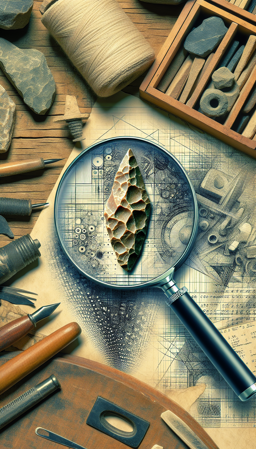 An illustration depicts an archaeologist's desk with a magnifying glass focusing on a stone tool, the intricate flake patterns highlighted by delicate lines and numbers indicating measurement. The background subtly transitions from a realistic drawing on the left to pixelated digital analysis on the right, merging ancient craftsmanship with modern identification techniques.
