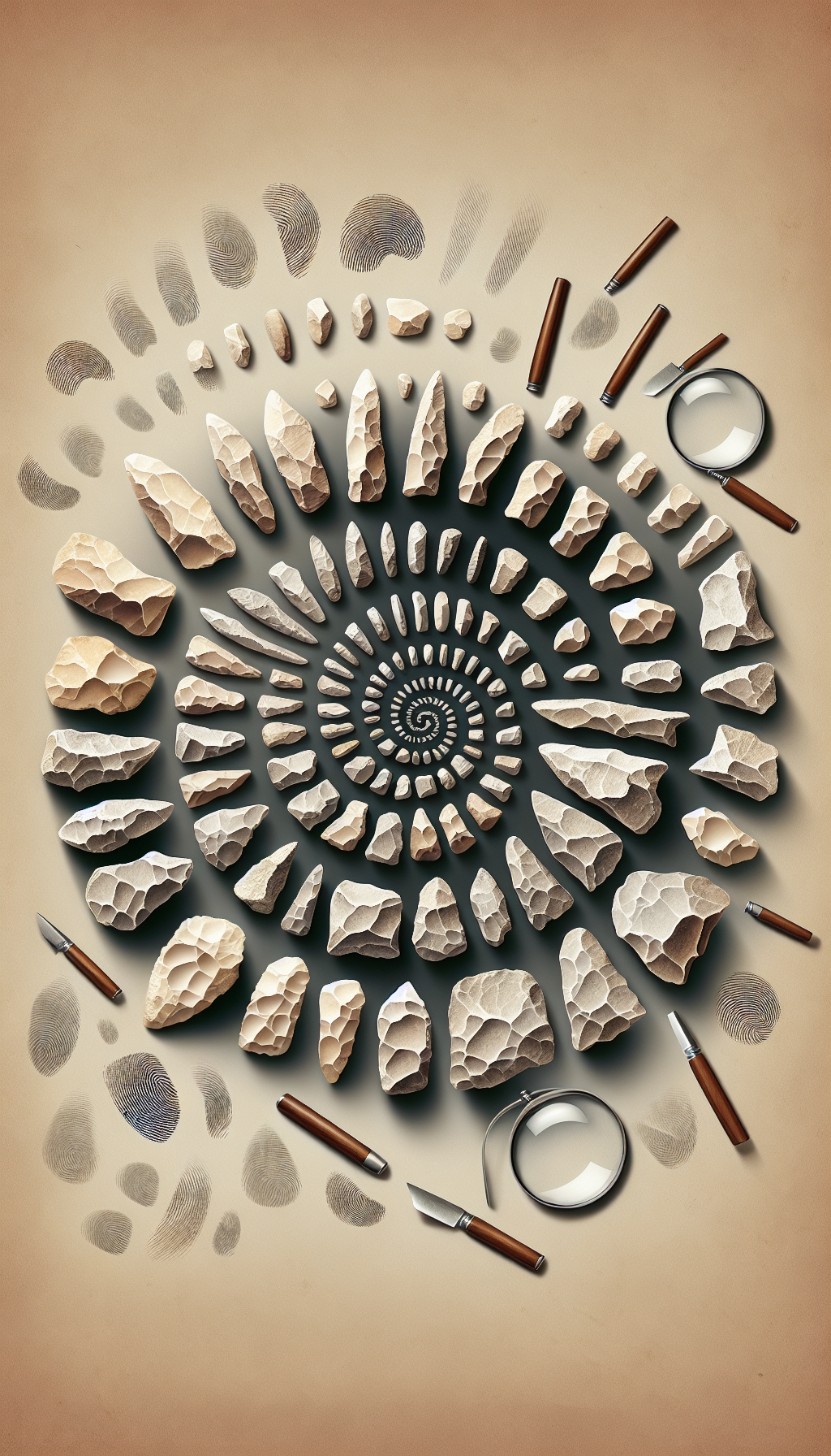 An illustration displaying a spiraling timeline, with hand-drawn sketches of stone tools evolving from simplistic chipped flints to complex polished axes, overlaid with translucent, modern fingerprints and magnifying glass segments, symbolizing the meticulous identification process undertaken by archaeologists. The transitions between tools feature a subtle gradient, illustrating the passage of time in the study of these ancient artifacts.