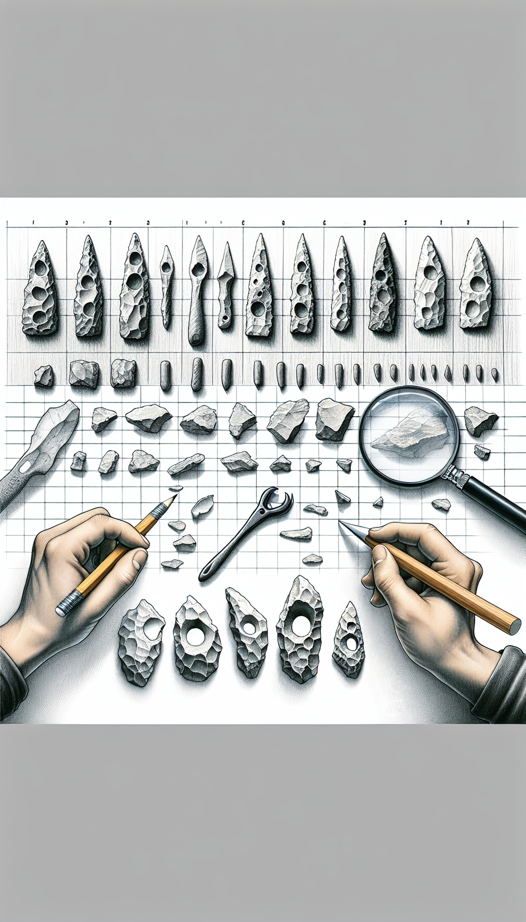 An illustration shows an aged flintknapper's workbench as a timeline, with translucent layers representing different eras, where his tools fade into modern hands examining artifacts with a magnifying glass. Stone chips scatter across the eras, morphing into labeled, recognizable tools beneath a grid, blending pencil-sketch realism with digital overlays highlighting the key identification features of the stone artifacts.
