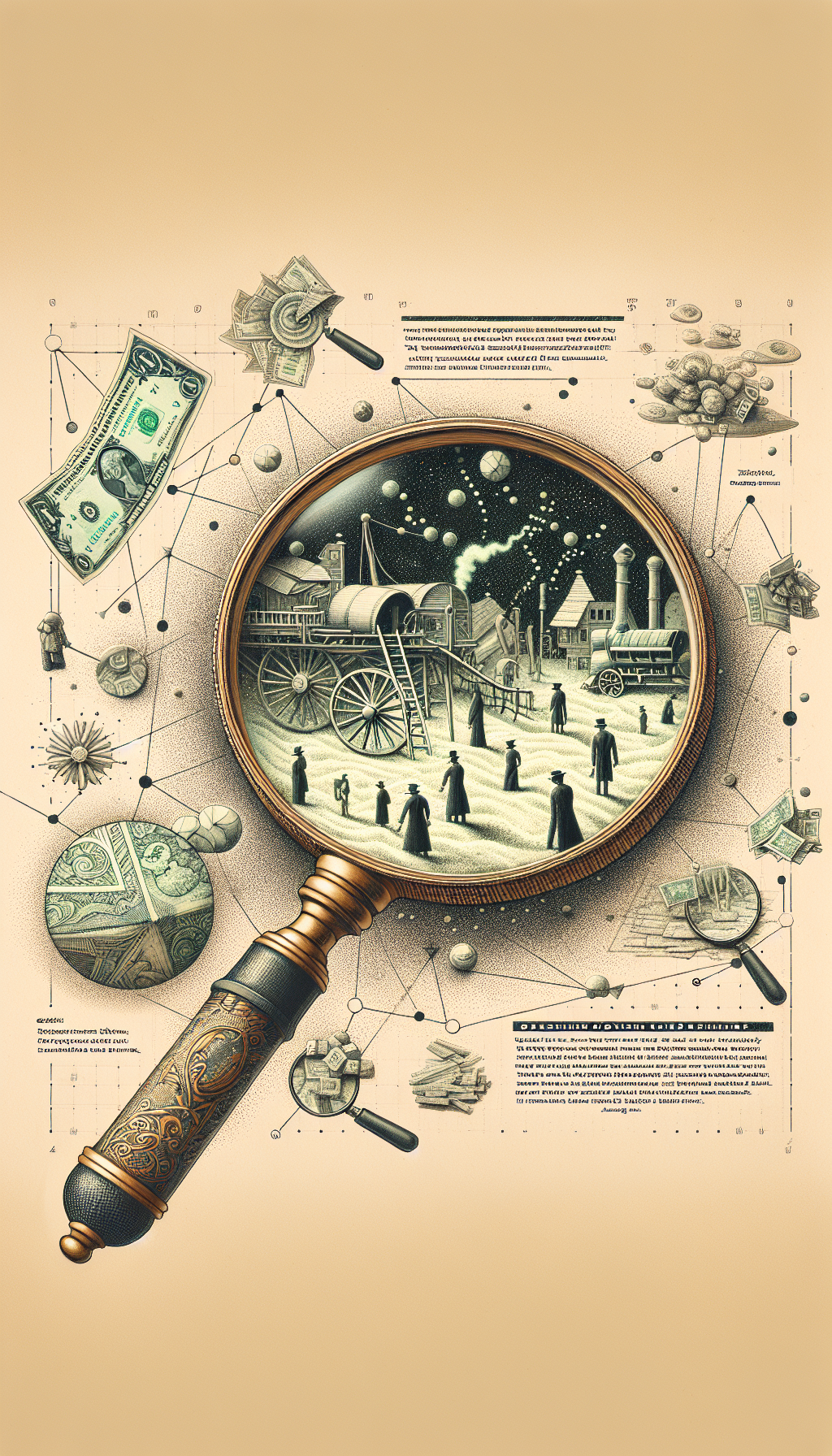 An intricate, whimsical drawing features a magnifying glass revealing a hidden world within a dust particle, where tiny figures assess the ornate details of antique furniture. Dotted lines connect local landmarks to suggest proximity, with vintage dollar bills floating towards a geographical pin, symbolizing the lucrative results of nearby antique furniture appraisals.