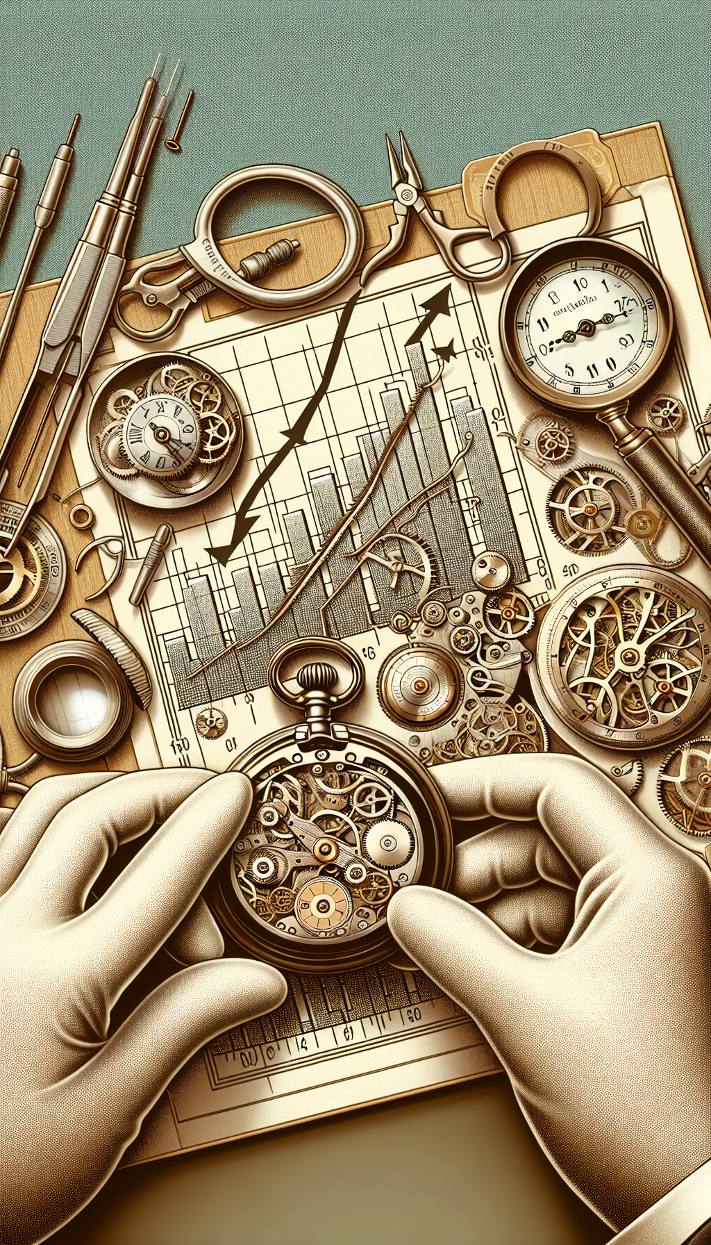An illustration featuring a classic Lady Elgin pocket watch partially disassembled, with miniature tools and a magnifying glass around it. Careful hands with delicate gloves are applying subtle restorative actions, symbolizing precise maintenance. A rising graph made of clock gears in the background suggests increasing value, while the watch's intricate designs echo its esteemed heritage and emphasize its antique worth.