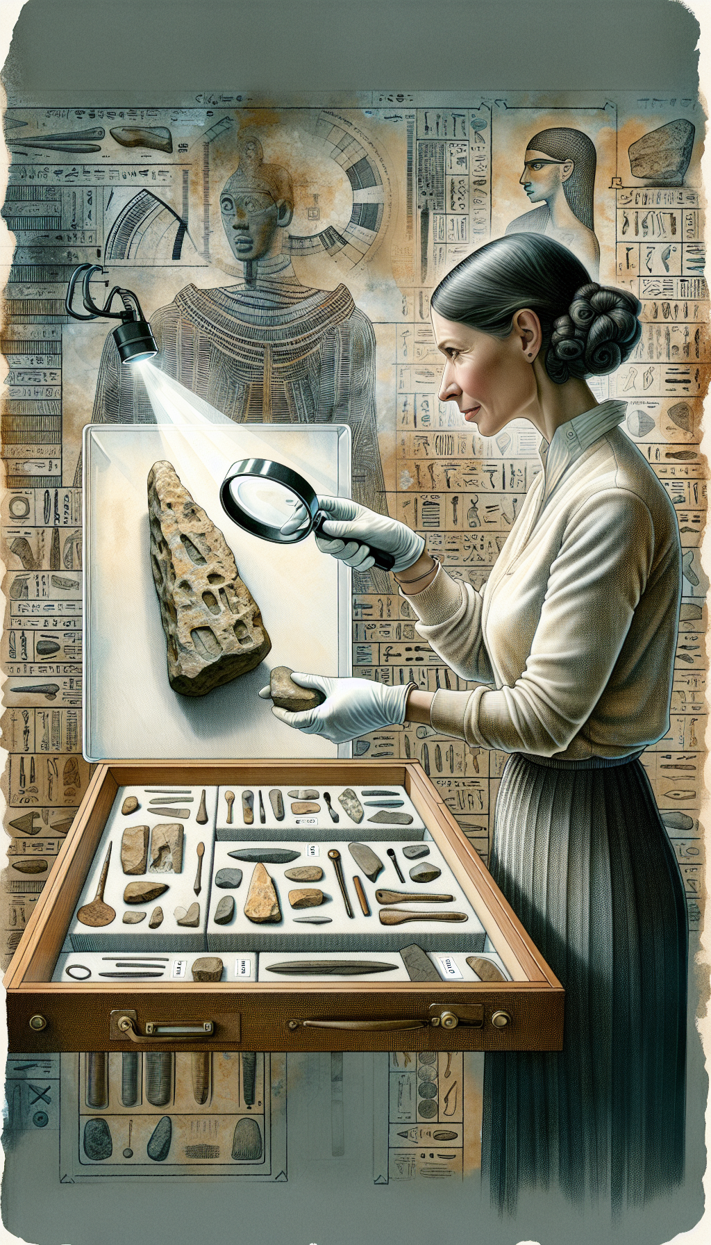 An illustration depicts an archivist's gloved hands gently holding a labeled ancient stone tool above a layered display box. Each layer signifies different maintenance tips, while a magnifying glass hovers over the tool, with labels pointing out its historical features. A faded background shows hieroglyphs, symbolizing the artifact's rich past. The mixed-media style blurs timelines, fusing past and present care techniques.