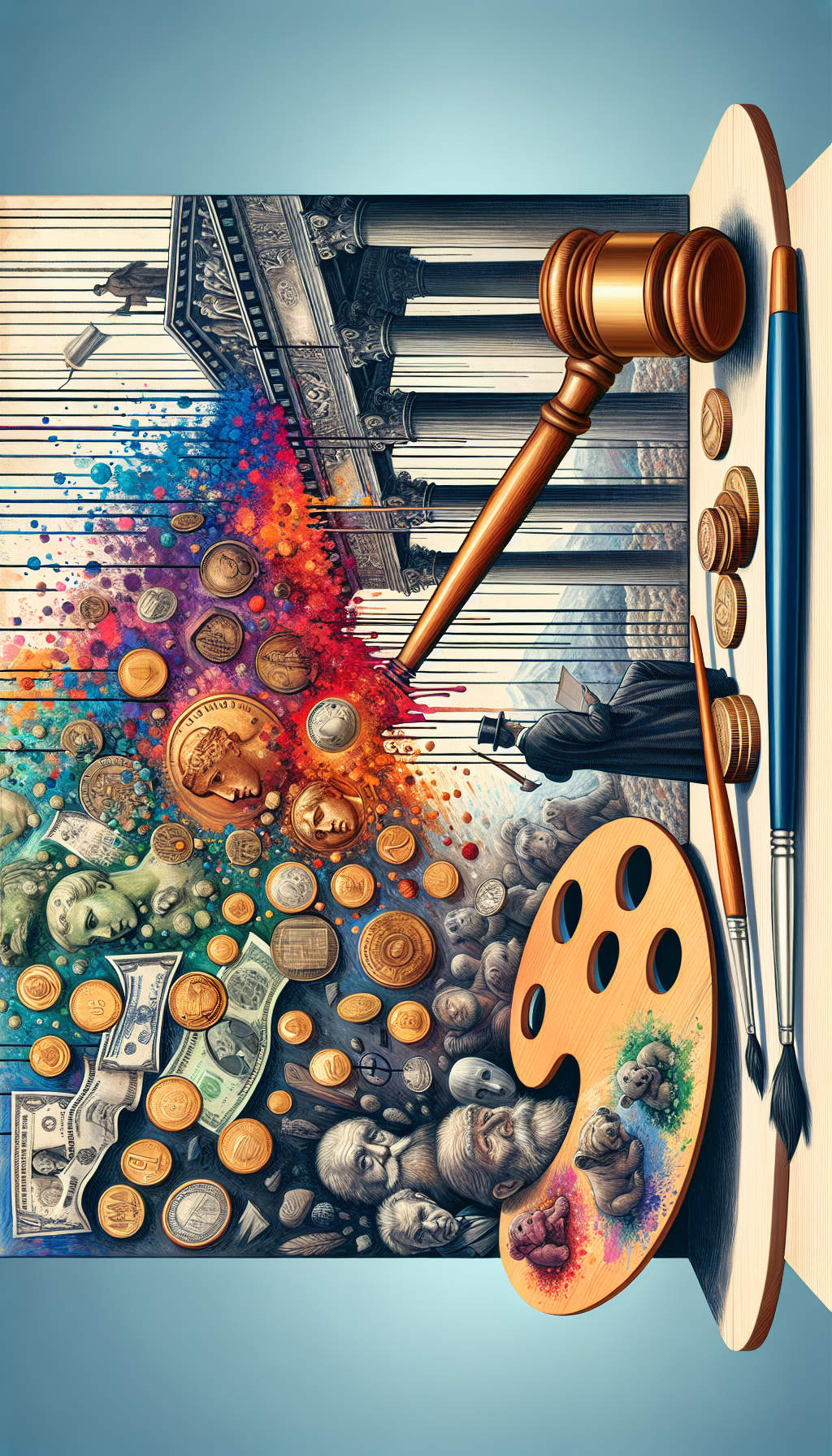 An illustration depicting an auctioneer's gavel poised above a palette bedecked with coins and a paintbrush, with iconic art pieces morphing into currency notes in the background, representing the fusion of art and its monetary value. The artistic styles of the notes and paintings vary randomly, showcasing impressionist, abstract, and realist touches to symbolize diverse valuation factors.