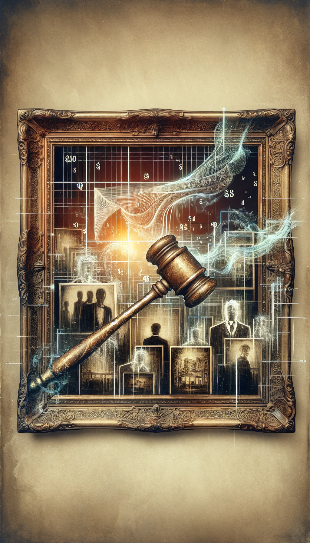 An artfully layered image depicts an antique frame enclosing an auction hammer, while ethereal lines connect to historical documents and faded photographs in the background. Ghostly silhouettes of past owners gaze towards a glowing certificate of authenticity, emphasizing the artwork's heritage, as its escalating auction value is illustrated by ascending currency symbols subtly woven into the ornate frame's gilded patterns.