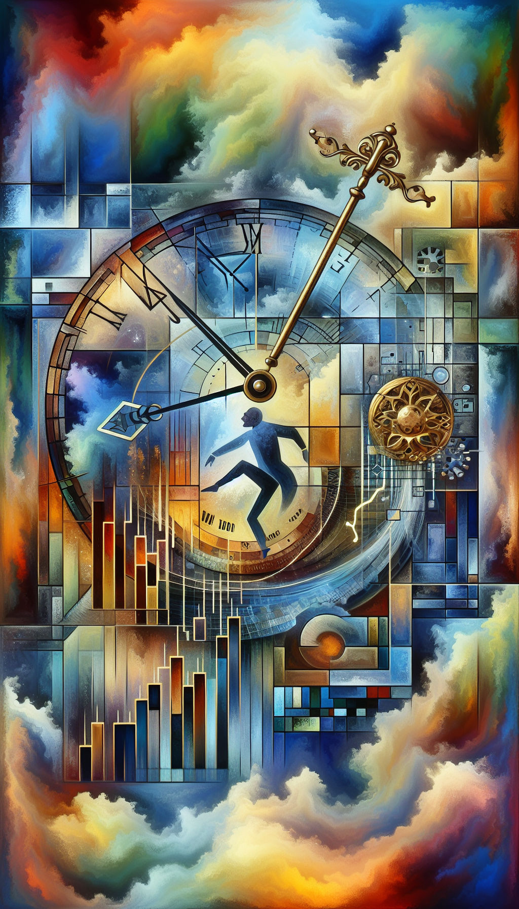 In a whimsical collage of abstract shapes and impressionist strokes, a pendulum clock morphs into a flourishing stock chart against a backdrop of emotive, color-shifting clouds. A finely detailed golden key labeled 'Value' dangles tantalizingly within reach of an investor balanced on an hour hand, symbolizing the crucial moment of opportunity in the ever-shifting moods of the market.