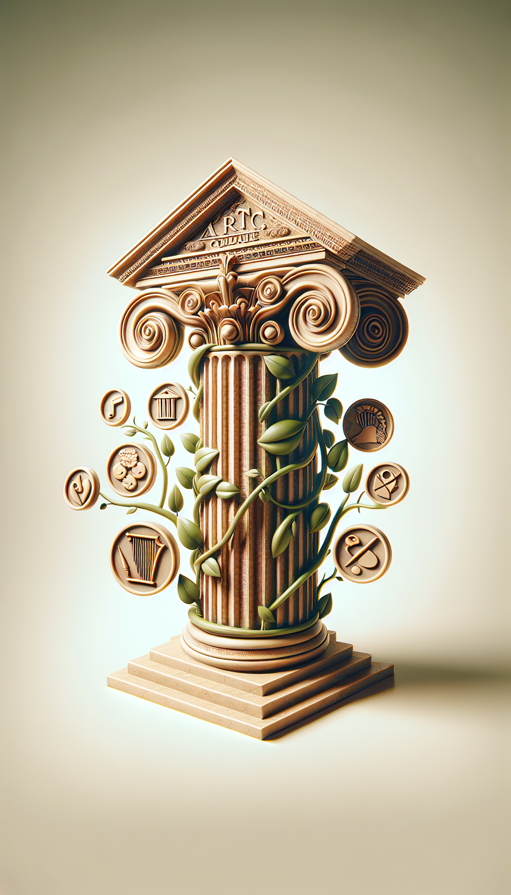 An opulent, ancient Greek column stands erect, entwined with a flourishing vine, its leaves subtly transitioning into diverse art icons—a palette, a lyre, a quill. Atop sits a timeless coin, embossed with 'Art' on one side and 'Culture' on the other, symbolizing the inherent, enduring value of the arts within the very pillars of civilization.