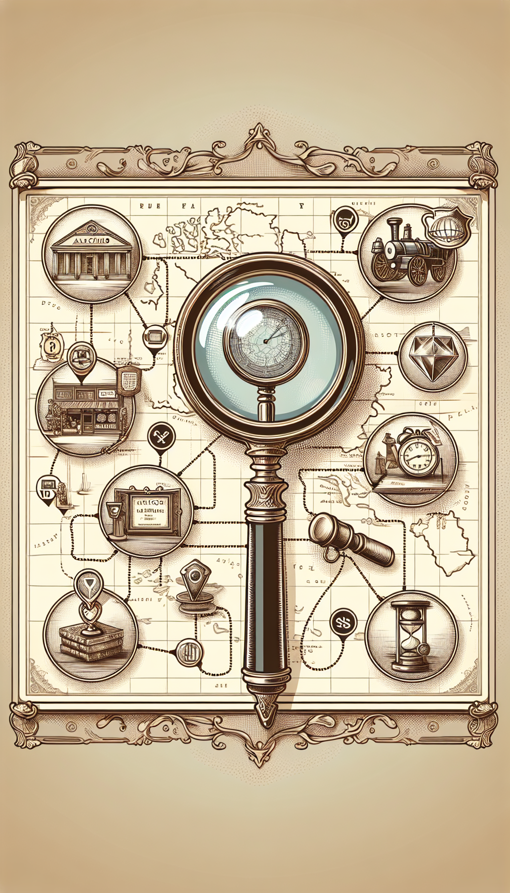 An illustration featuring an elegant vintage map as a backdrop with a magnifying glass hovering over it, bringing various landmarks to life such as an auction hammer, an antique shop, an online marketplace, and a jeweler's loupe inspecting a Lady Elgin watch. Each landmark is connected by a dotted line, charting the collector’s journey, with price tags rising as the path progresses.