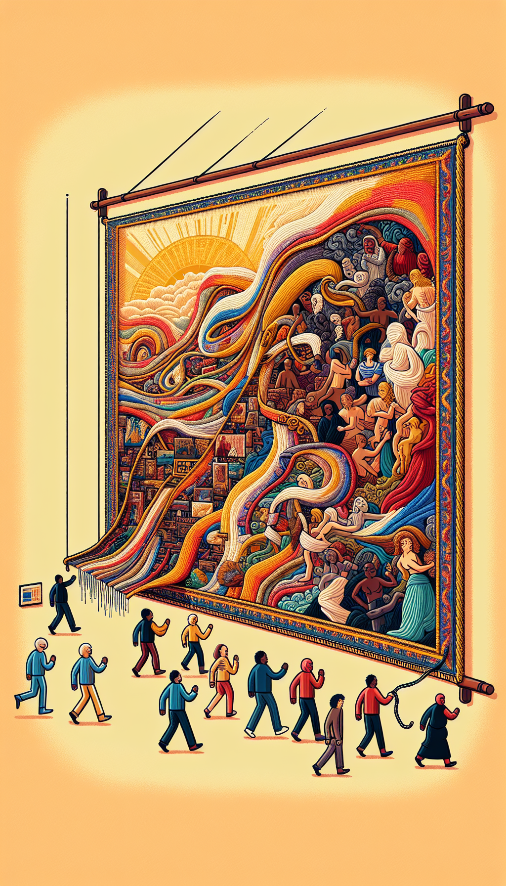 An illustration depicting a large, vibrant tapestry unfurling from a simple price tag, with scenes of various cultural and historical events woven into the fabric. The tapestry morphs into a diverse crowd of people who are emotionally engaged with the art, symbolizing art's deep societal impact, transcending its monetary value. The style transitions from realistic at the price tag to impressionistic within the vibrant scenes.