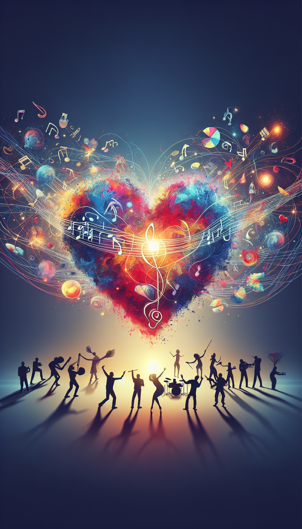 An illustration depicts a heart composed of vibrant paint strokes and musical notes at its center. Around it, silhouetted figures are engaged in various acts of artistic creation—dance, painting, sculpture, theater—each connected to the heart by delicate, glistening threads, symbolizing the intrinsic value and emotional essence arts infuse into human experience. The styles range from realistic to abstract, embodying art's diverse impact.