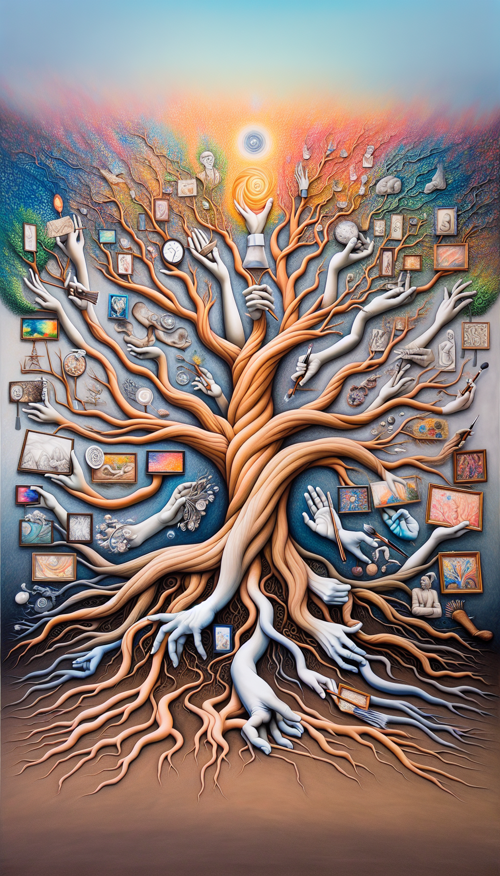 A whimsical tree's branches morph into elegant hands of varying ages, each holding a timeless art piece representative of its era, from cave paintings to digital art. The roots delve into a vibrant palette, symbolizing the foundation of cultural heritage. With each branch a different artistic style—impressionism, abstract, realism—this tableau illustrates the enduring value of arts in connecting generations.