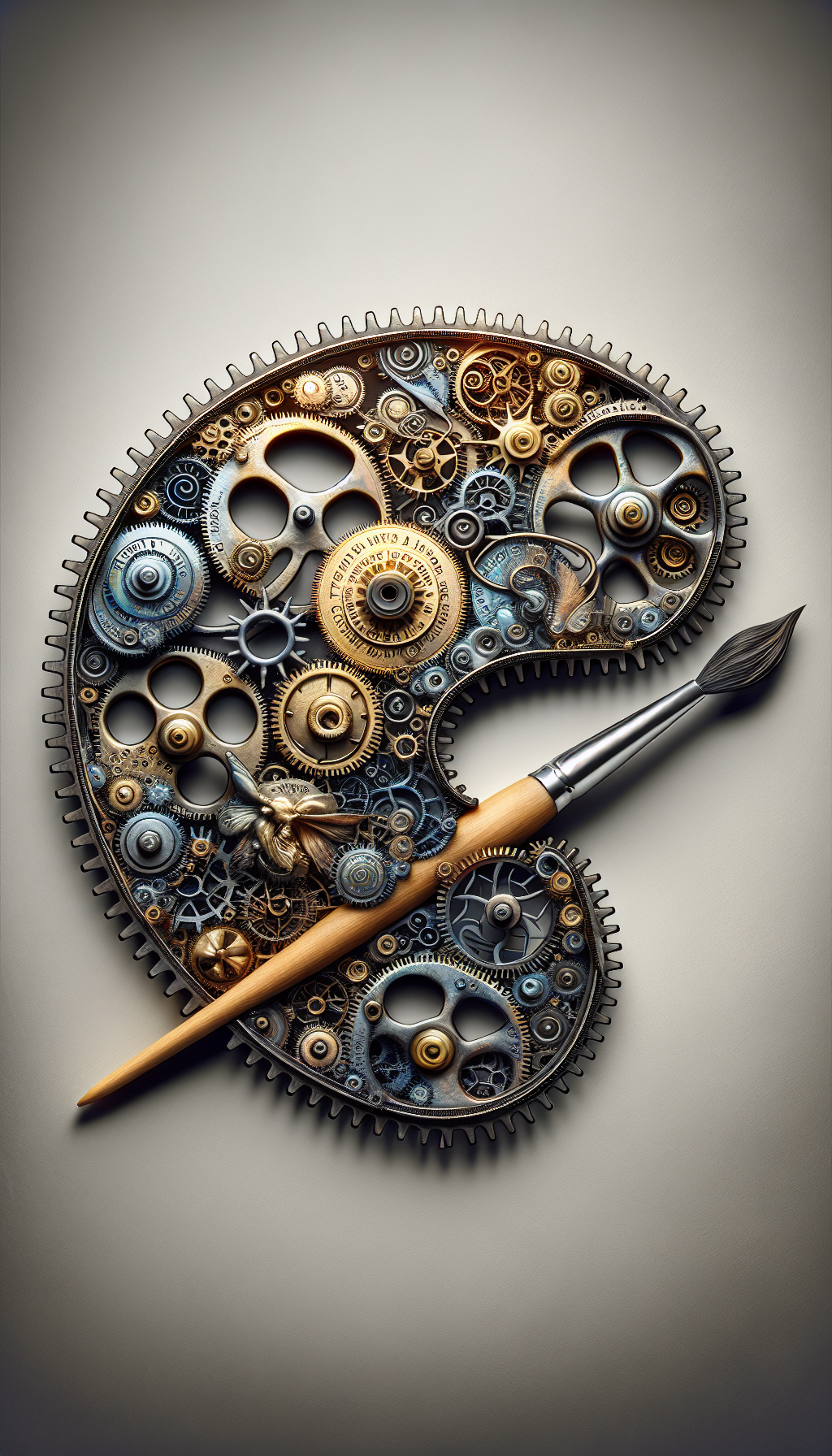 An intricate gear mechanism shaped like an artist's palette propels a brush on which various famous art pieces morph, symbolizing innovation's cycle. Each gear is finely inscribed with words like "creativity," "inspiration," and "progress," merging steampunk with modernism. An ethereal, shimmering coin depicting Muses entwines with the gears, embodying the intrinsic value of arts in the engine of advancement.