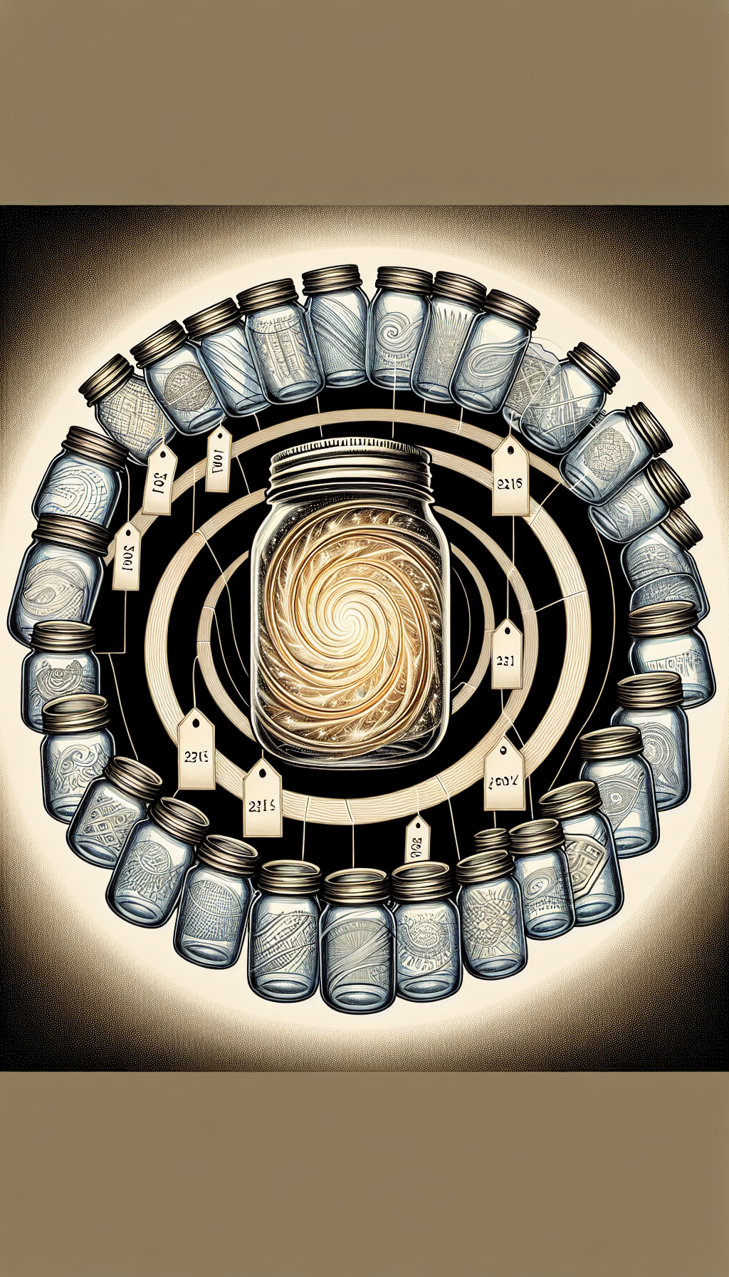 An illustration depicts a spiraling timeline etched into the surface of a large, transparent mason jar that houses progressively older, smaller ancestor jars within, each with distinct etched patterns marking different eras. The outermost jar glimmers with subtle hints of gold, reflecting the high value of antique mason jars, while labels indicating key historical dates adorn the spiral path.