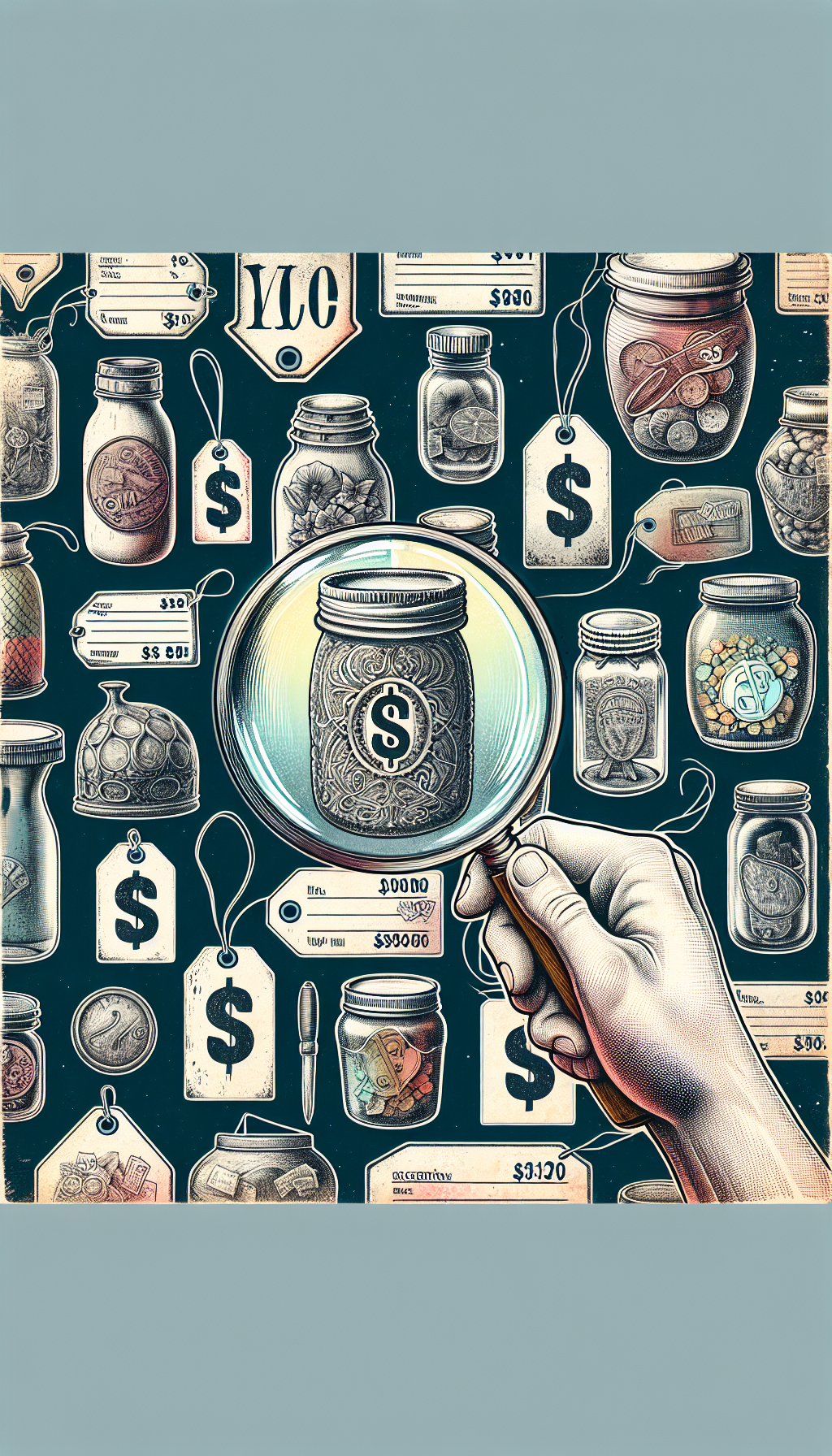 An illustration featuring a magnifying glass over a variety of intricately detailed mason jars against a background shaped like price tags and auction paddles. The glass magnifies certain features like unique logos, vintage hues, and rare lids, with whimsical dollar signs subtly etched onto the jars, symbolizing their hidden values. Each element is styled differently, combining watercolor, line art, and etching techniques.