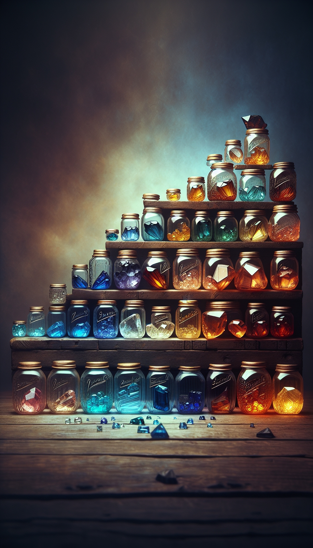 An ethereal array of antique mason jars, ascending like steps, showcases a gradient of rare hues - from amber to cobalt blue - each jar cradling a gem that matches its color. The jars also feature price tags, symbolizing their escalating values, with the clearest and most uniquely tinted gems casting a soft, luminous glow, emphasizing their rarity and worth.