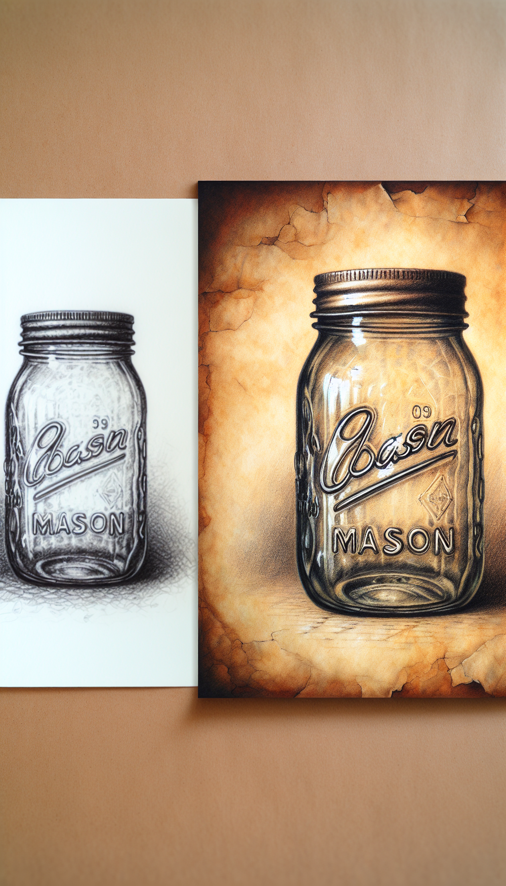 An intricate pencil sketch of an antique mason jar against a parchment backdrop, its glass surface adorned with raised embossed letters showcasing a recognizable brand. Next to it, a vibrant watercolor imprint of the jar's base reveals the maker's mark, both contrasting styles symbolizing the blend of authenticity and history that underpins the value of these collectible treasures.