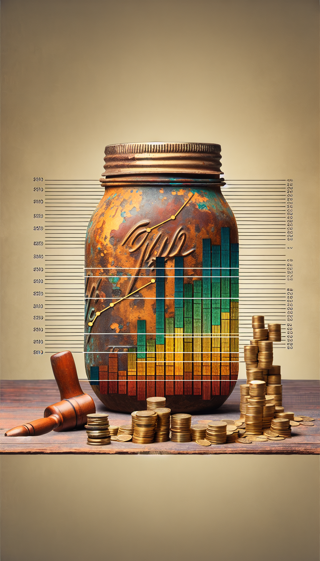 An illustration depicts a vintage mason jar transformed into a dynamic bar graph, where the patina serves as varying levels on the graph, each level indicating a different factor that affects its value such as rarity, color, and age. Golden coins and auction gavels are nestled at the jar's base, symbolizing the market's valuation of these antiquities.