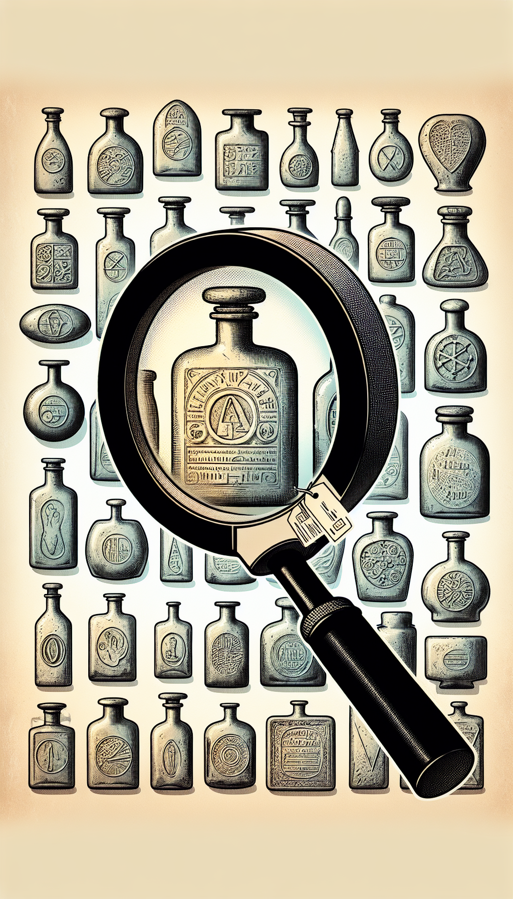 An illustration showcasing a magnifying glass revealing the hidden marks and inscriptions on a cluster of translucent, weathered antique medicine bottles of various shapes and eras, with the magnified area transitioning into a clear, detailed depiction of symbols and embossments characteristic of historical bottles, each mark annotated with a fine, handwritten-style label that serves as a guide to their identification.