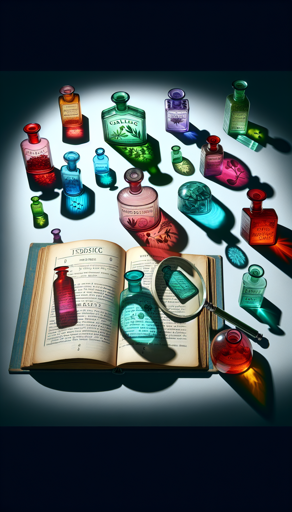 An array of translucent antique medicine bottles casts colorful shadows on an open book’s pages, with each shadow revealing text about the bottle's contents. The hue aligns with the medicine's purpose: green for calming herbs, red for energy tonics. A magnifying glass hovers over, symbolizing identification, with styles ranging from realistic to abstract within each shadow transition, hinting at historical to contemporary understanding.