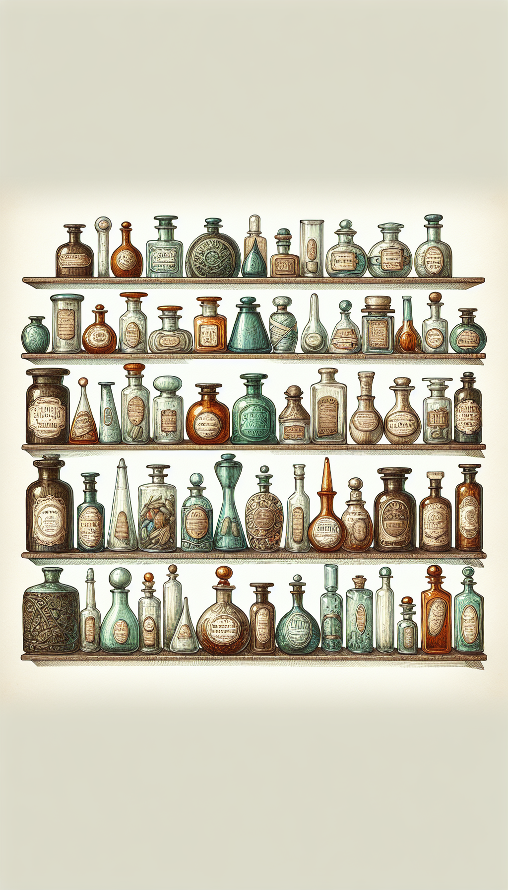 A whimsical cross-section of an aged apothecary shelf is depicted, showcasing a lineup of antique medicine bottles varying in silhouettes and seam lines, from smooth pontil marks to machine-cut threads. The illustration is a collage of styles, with bottles rendered in detailed line art, watercolor shadows, and sepia-toned highlights, each meticulously labeled to aid in identifying their respective historical eras.